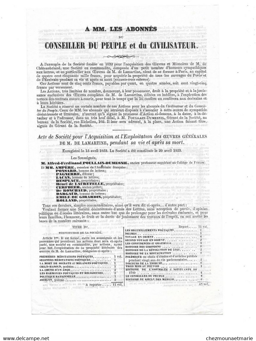 1853 - ABONNES DU CONSEILLER DU PEUPLE ET DU CIVILISATEUR - POUR ACQUISITION OEUVRES LAMARTINE - Documents Historiques