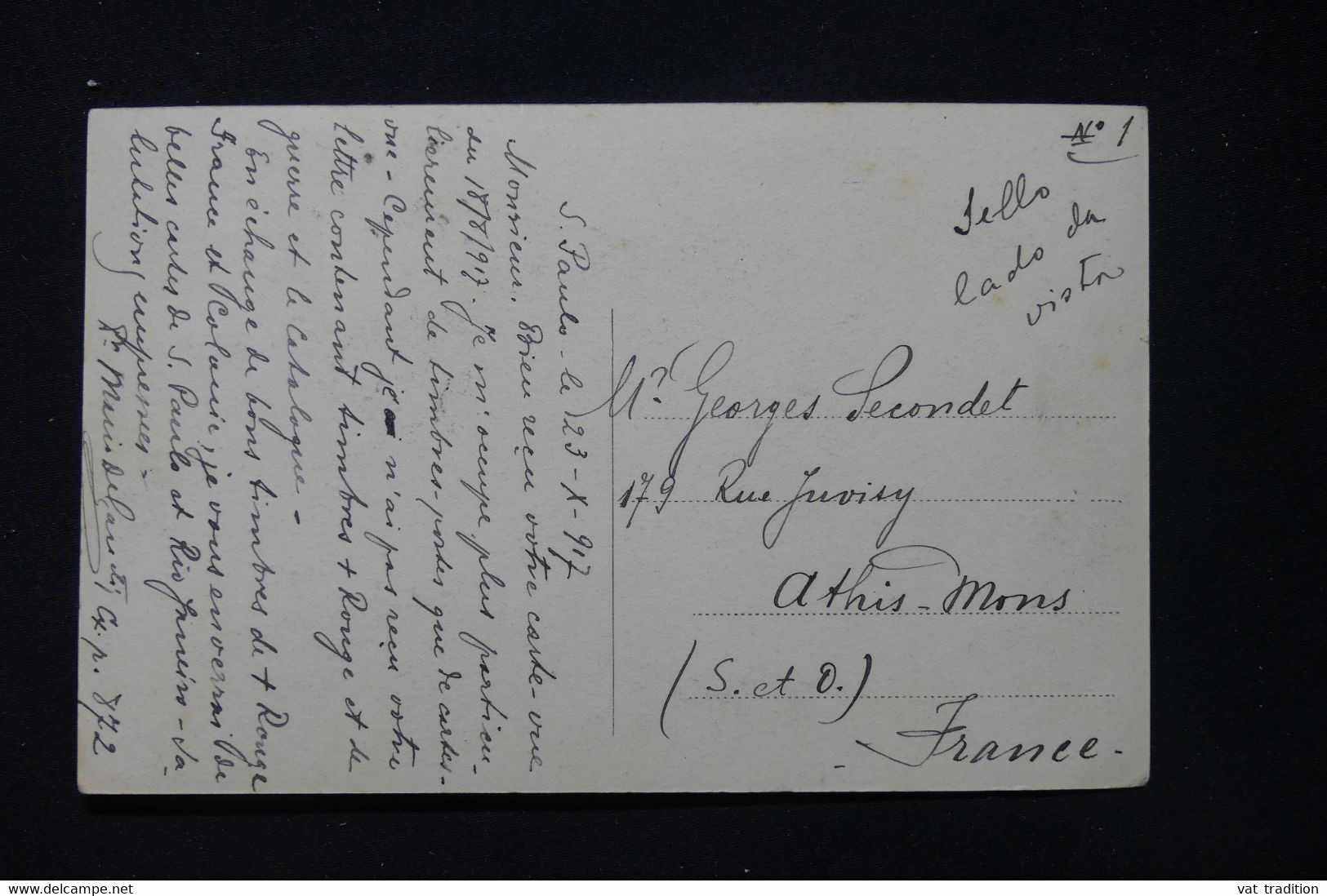 BRÉSIL - Affranchissement De Sao Paulo Sur Carte Postale En 1917 Pour La France - L 87877 - Cartas & Documentos