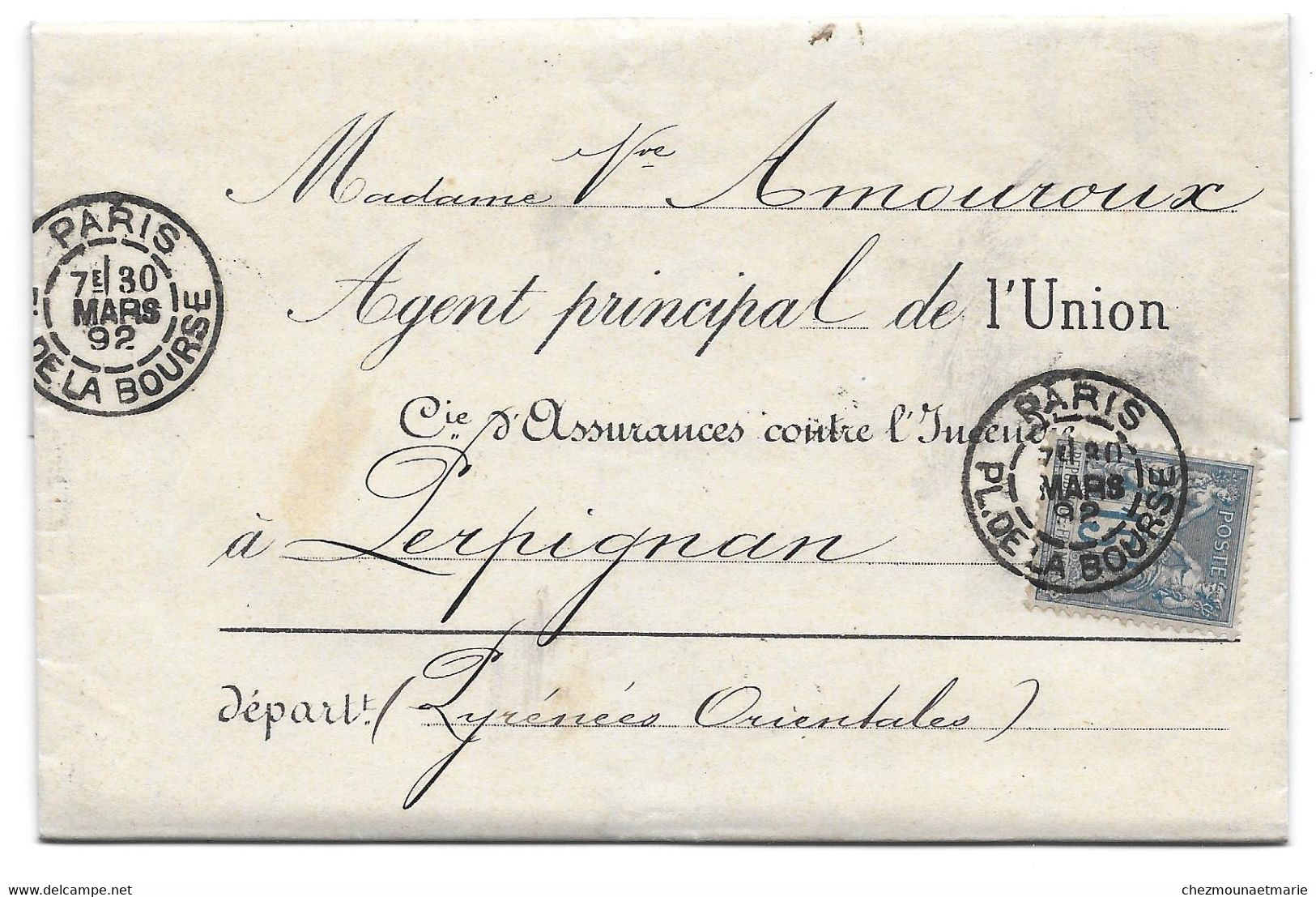 1892 PARIS - L UNION POUR MME VEUVE AMOUROUX A PERPIGNAN - LETTRE COMMERCIALE A ENTETE - 1876-1898 Sage (Type II)