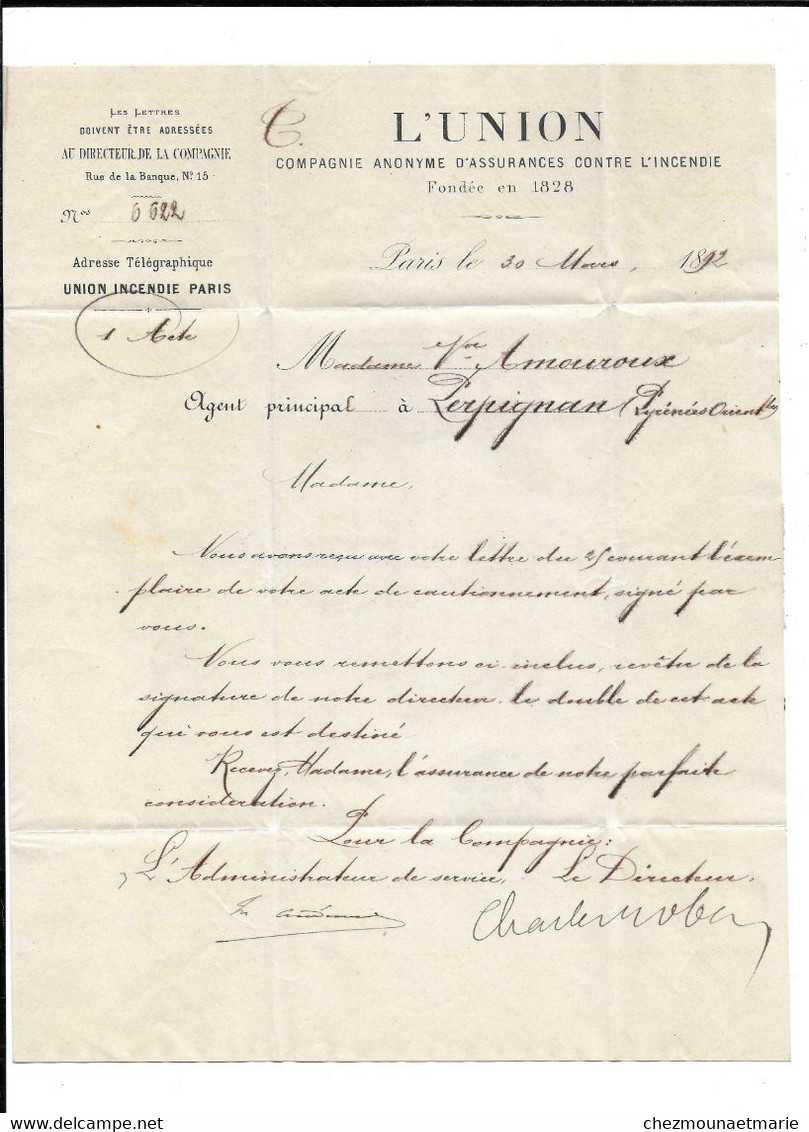 1892 PARIS - L UNION POUR MME VEUVE AMOUROUX A PERPIGNAN - LETTRE COMMERCIALE A ENTETE - 1876-1898 Sage (Tipo II)