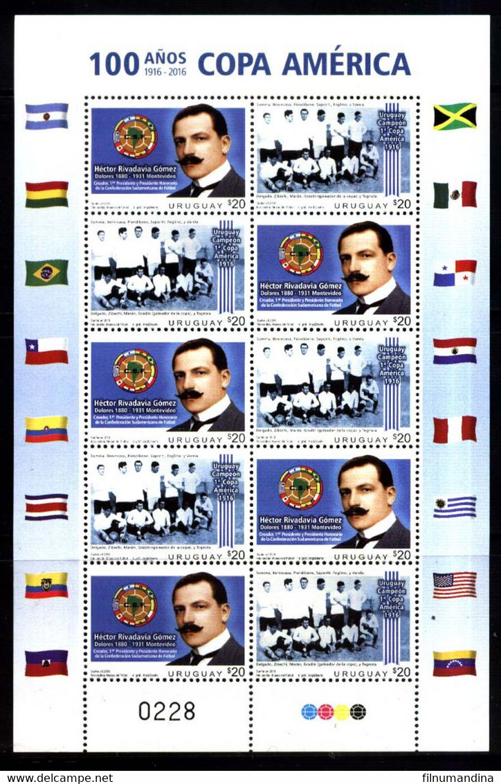 URUGUAY 2016 SPORT FOOTBALL SOCCER AMERICA CUP C YV 2792-3 MINISHEET KLEINBOGEN MNH NEUF - Coupe D'Amérique Du Sud Des Nations