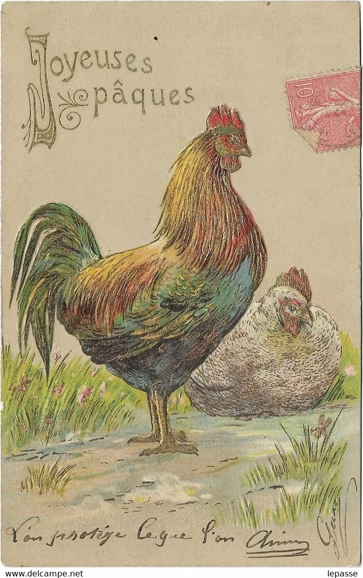 CPA CARTE FANTAISIE GAUFFREE POULE COQ  JOYEUSES PAQUES - Other & Unclassified