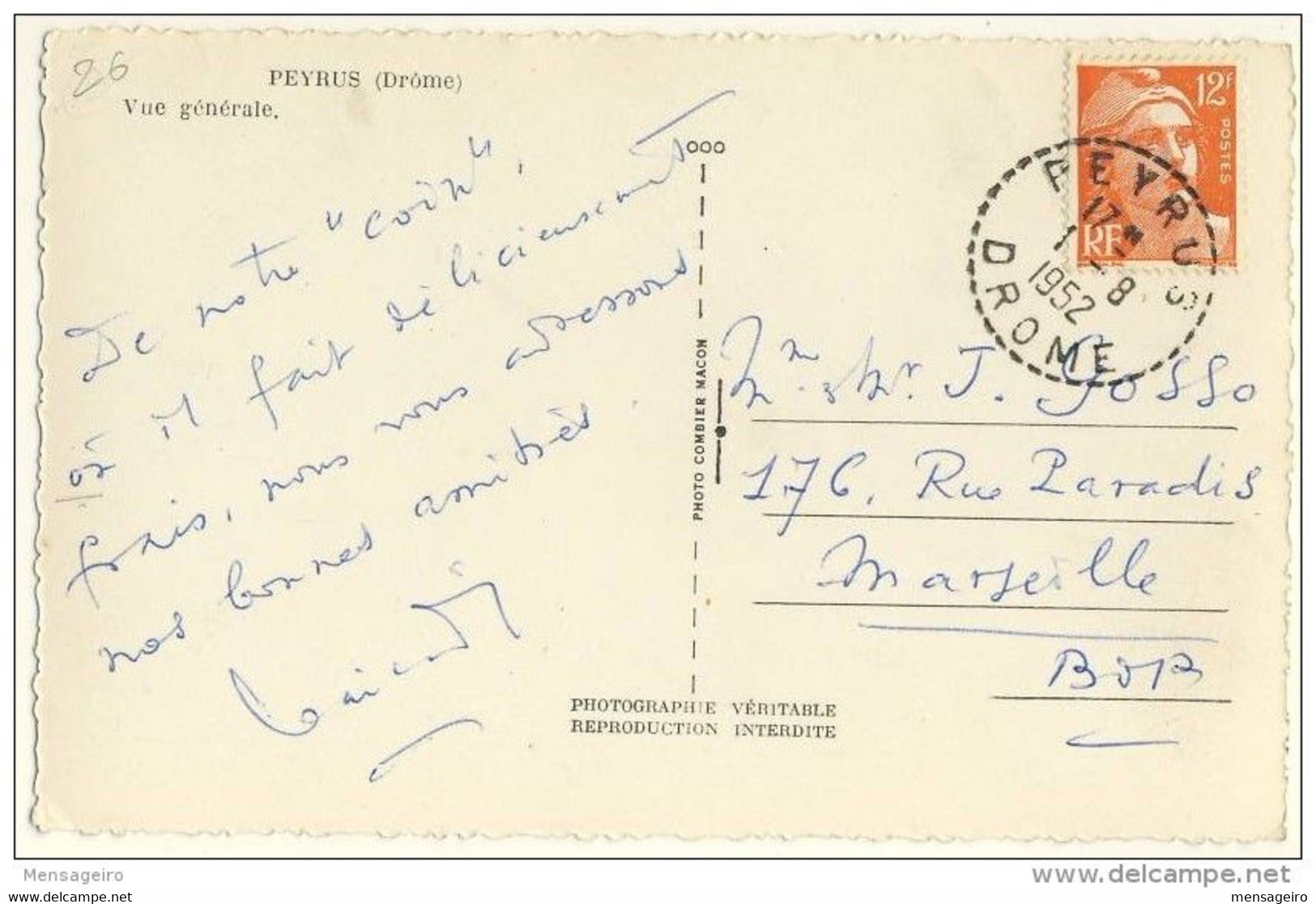(P84) - Y&T N°885 SUR CARTE PEYRUS DROME 1952 - CACHET TYPE B7 BUREAU DE DISTRIBUTION - Storia Postale