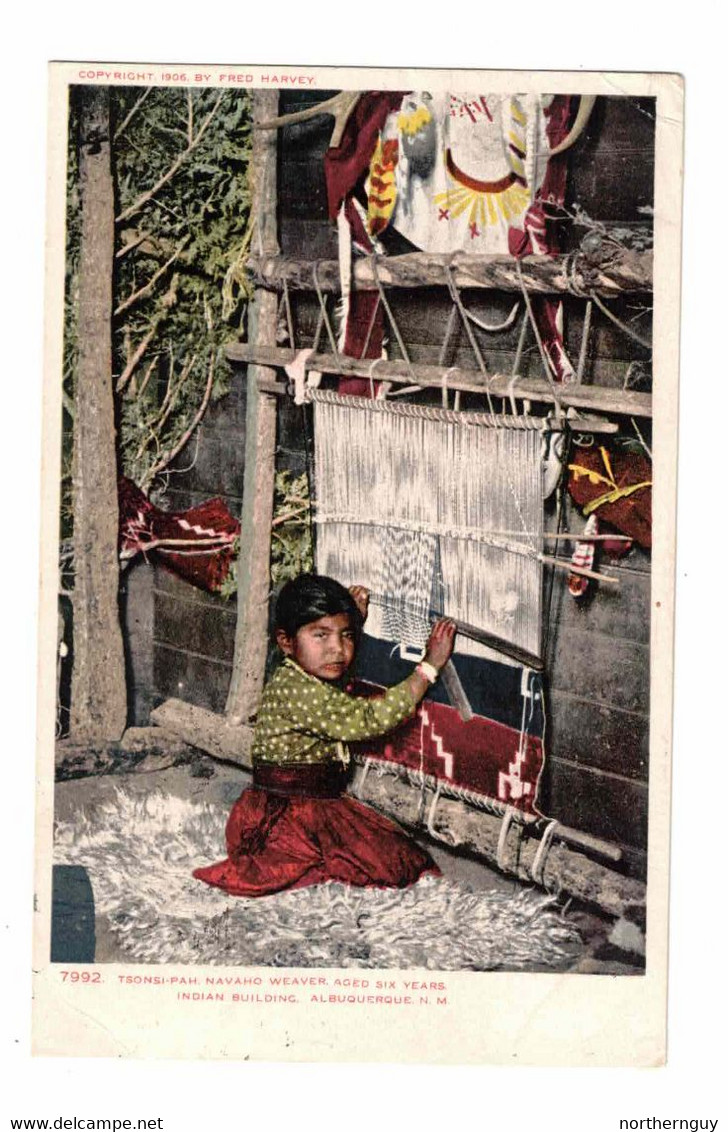 ALBUQUERQUE, New Mexico, USA, Six Year Old Tsonsi-Pha Navaho Weaver, 1907 UB Fred Harvey  Postcard - Albuquerque