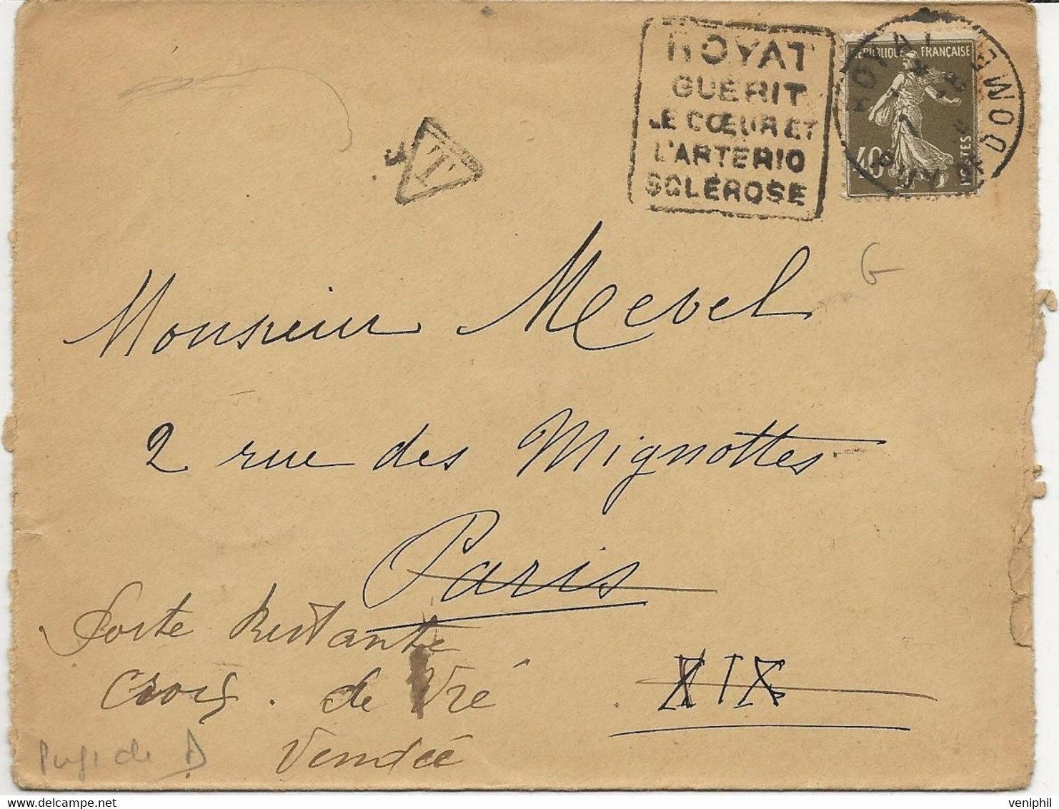 LETTRE OBLITERATION DAGUIN " ROYAT GUERIT LE COEUR ET L'ARTERIO SCLEROSE "-1926 - Mechanical Postmarks (Other)