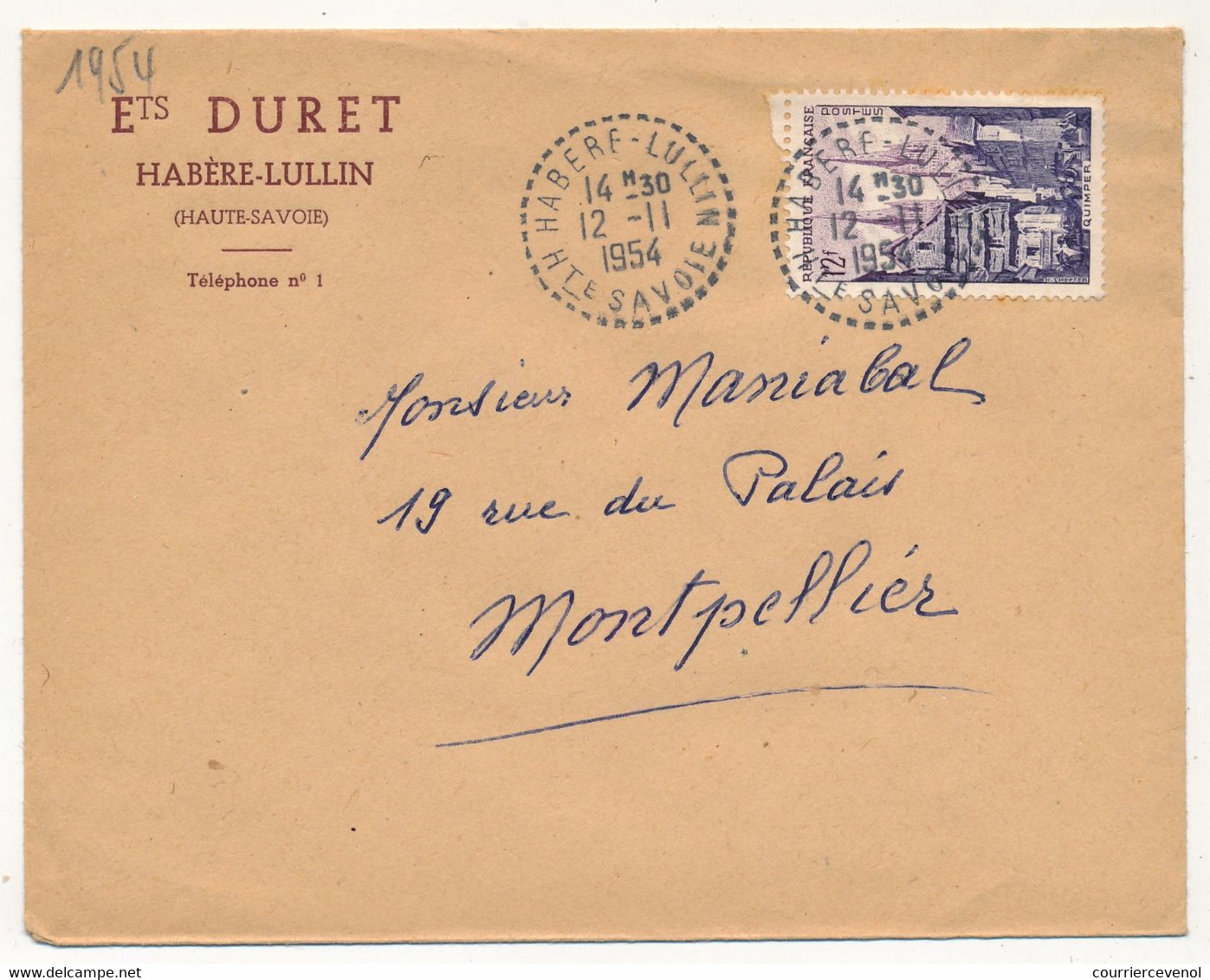 FRANCE - Env. En-tête "Ets DURET HABÈRE-LULLIN (Hte Savoie)" - Cachet Tireté Idem - 1954 - S/12F Quimper - Cachets Manuels