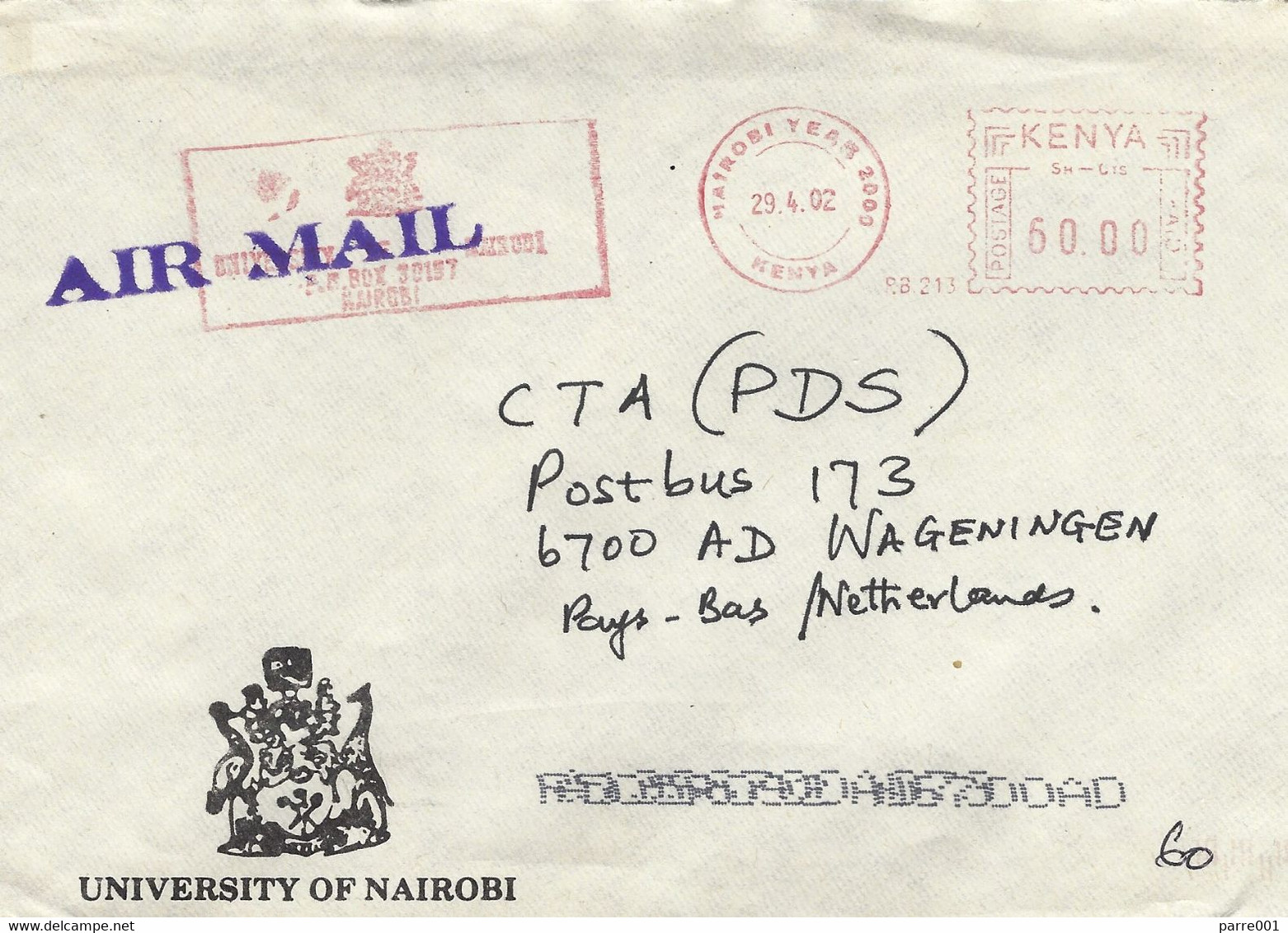 Kenya 2002 Nairobi Meter Pitney Bowes-GB “5000” PB213 University Slogan EMA Cover - Kenya (1963-...)