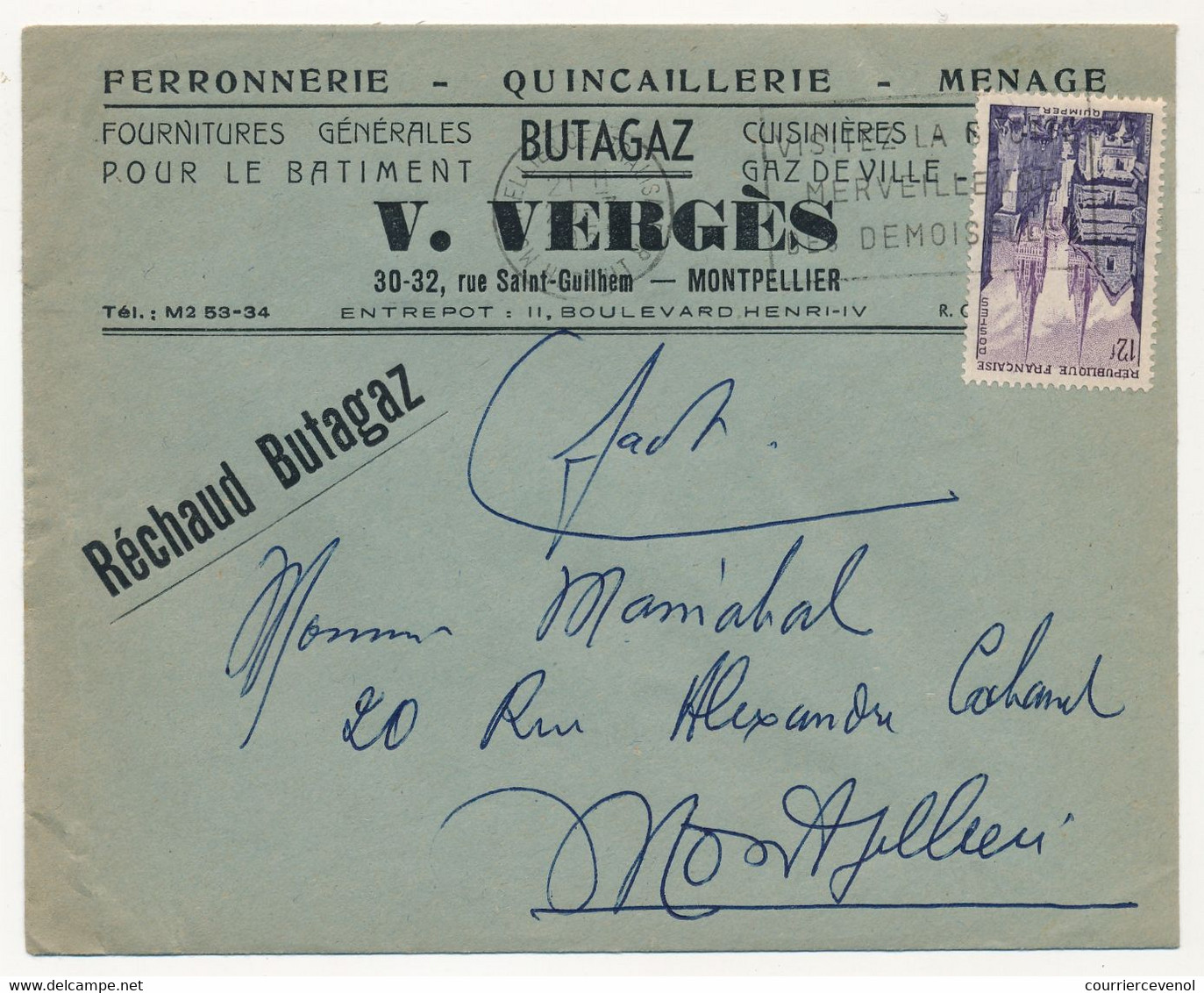 FRANCE - Env. En-tête "Ferronnerie - Quincaillerie - V.VERGES Montpellier" (Réchaud  BUTAGAZ) -  1955  S/ 12F Quimper - 1950 - ...