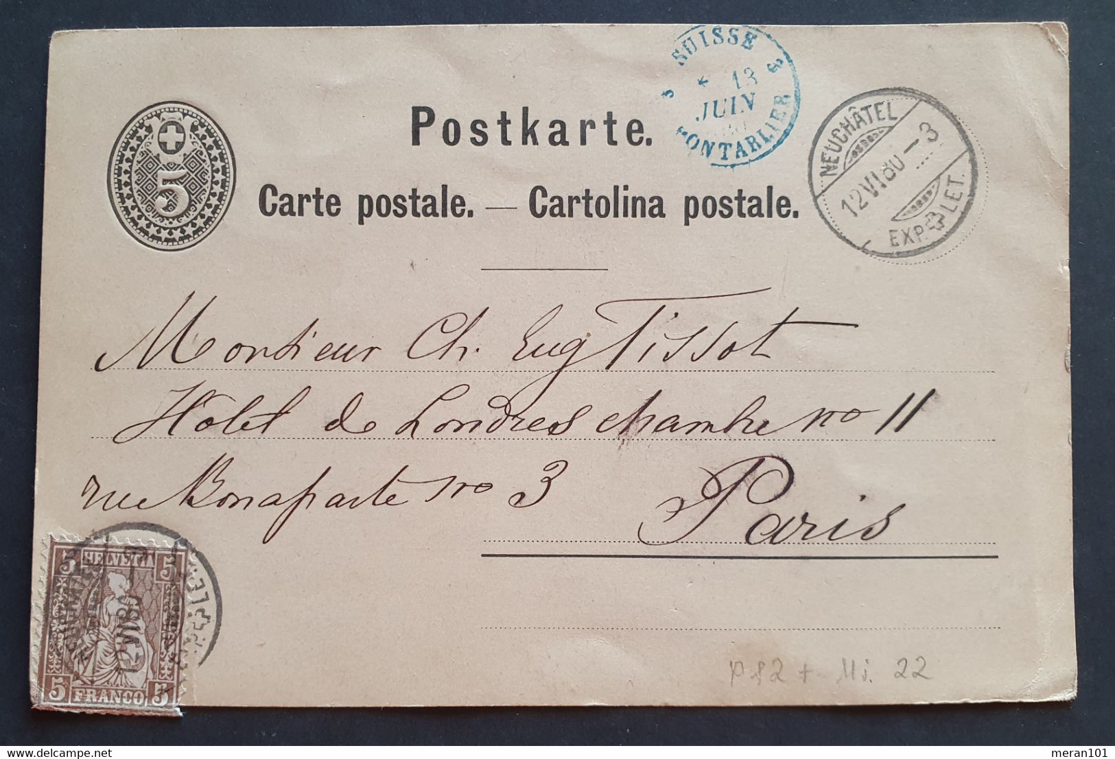 Schweiz 1880, Ausland Postkarte MiF NEUCHATEL Nach PARIS Blaustempel - Stamped Stationery