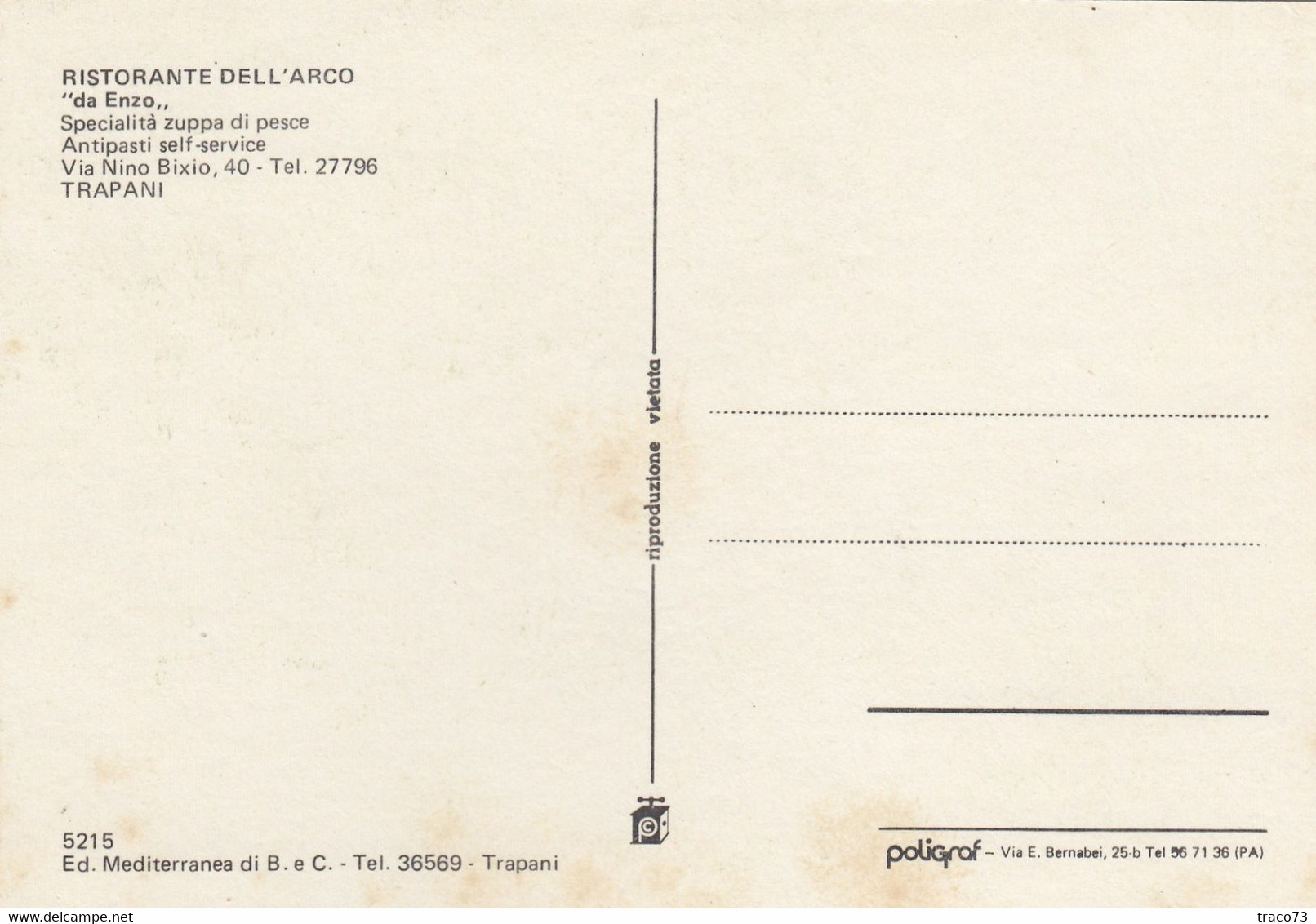 TRAPANI  /  Cartolina Pubblicitaria _ Ristorante "DELL'ARCO" - Trapani