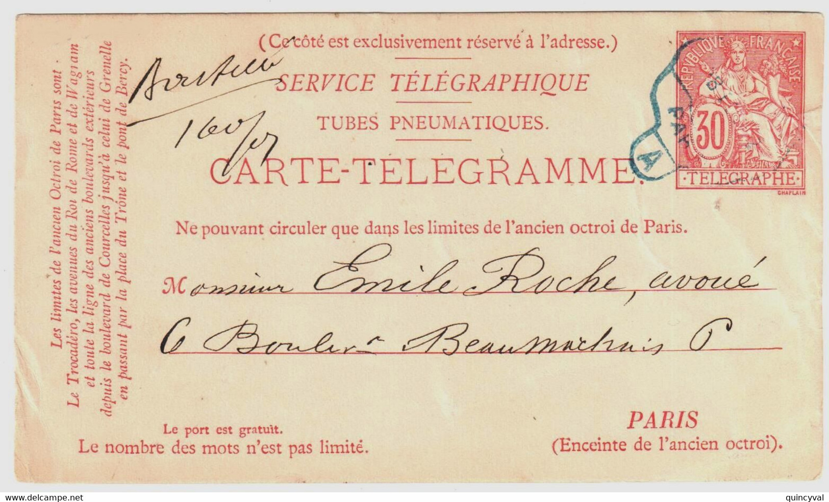 PARIS Dest Bastille Entier Carte Postale Pneumatique 30c Chaplain Rouge Yv 2501 - Neumáticos