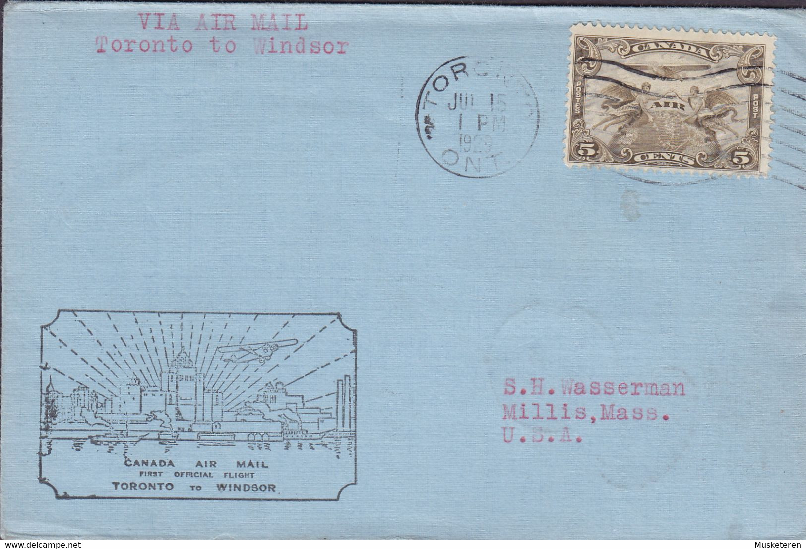 Canada Air Mail 1st Official First Flight TORONTO (Ont.) - WINDSOR (Ont.) 1929 Cover Lettre - First Flight Covers