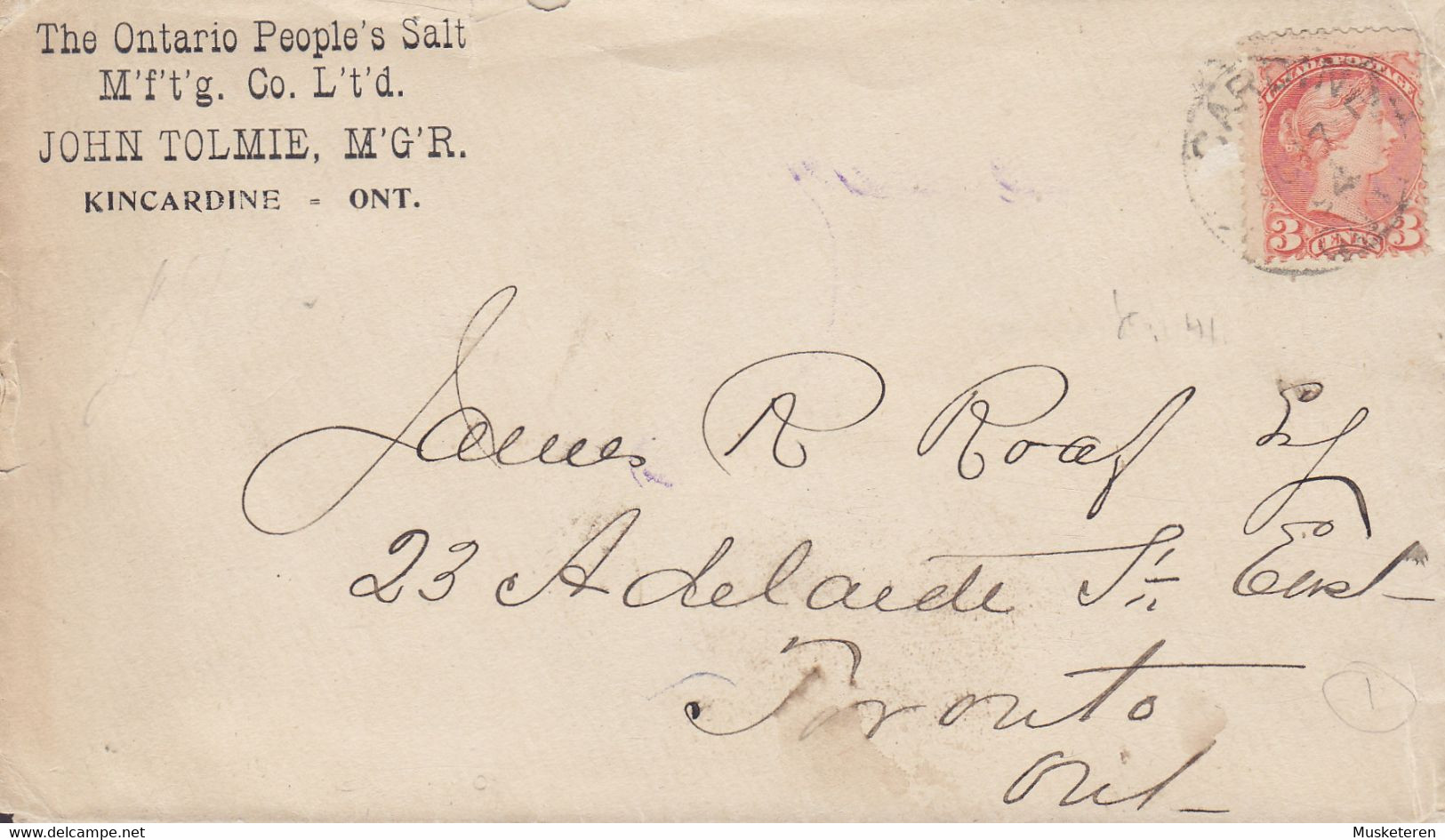 Canada THE ONTARIO PEOPLE's SALT Co. John Tolmie KINKARDINE (Ont.) 1894 Cover Lettre TORONTO Ont. (Arr.) 3c. Victoria - Lettres & Documents