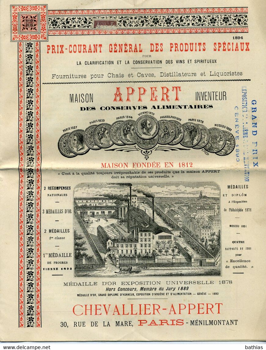 Maison APPERT, Inventeur Des Conserves Alimentaires. Catalogue 1894 Des Produits Spéciaux Pour Les Vins Et Spiritueux. - Food