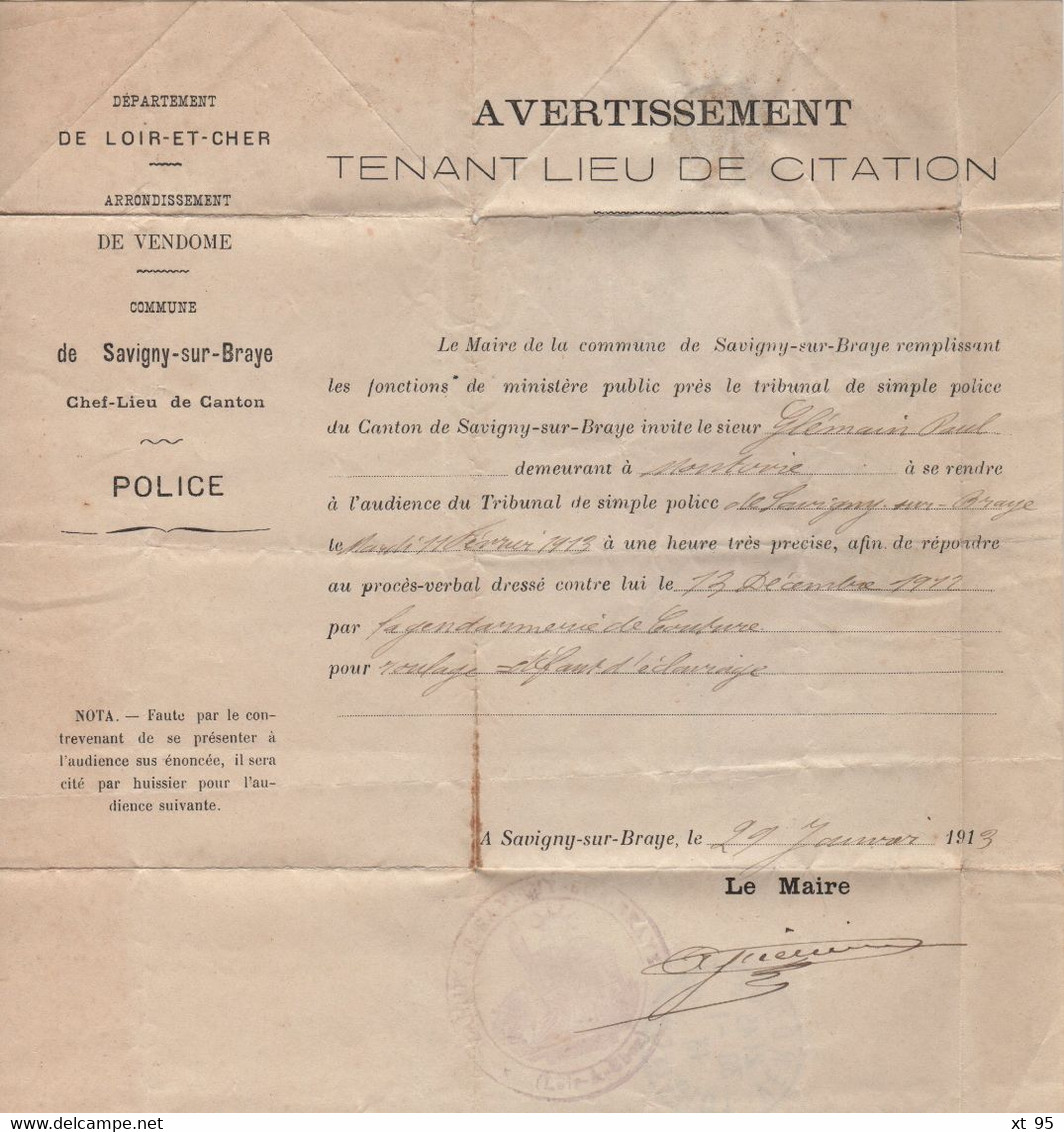 Service De La Police - Savigny Sur Braye - Loir Et Cher - 1913 - Lettre Taxee - 1921-1960: Modern Period