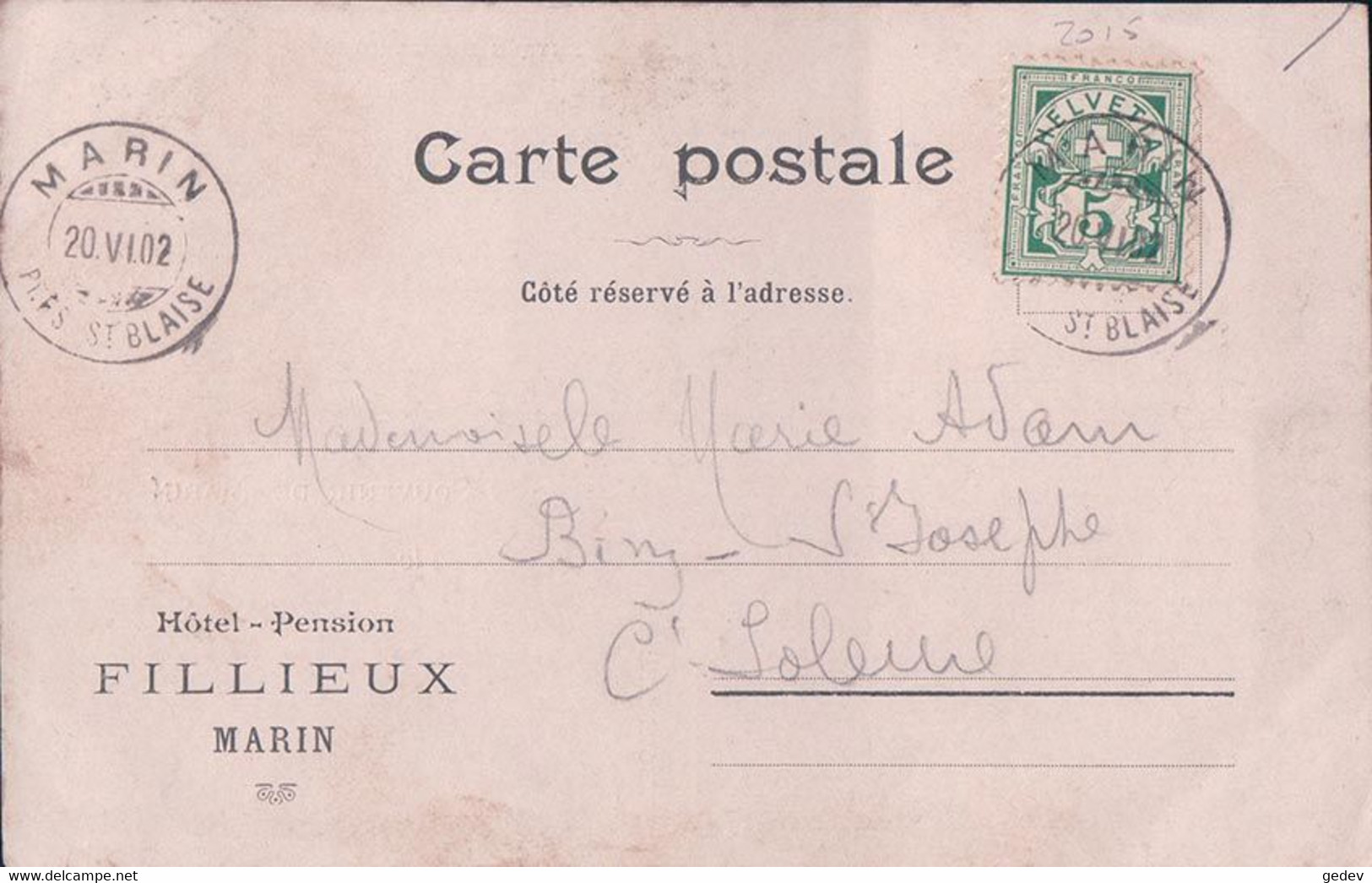 Souvenir De Marin NE, Hôtel Fillieux, Hôtel Pension Restaurant Du Poisson (20.6.1902) - Marin