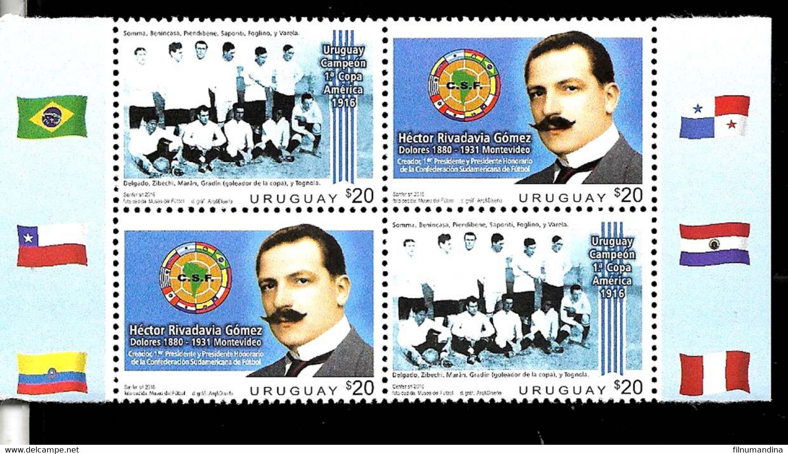 URUGUAY 2016 SPORT FOOTBALL SOCCER AMERICA CUP BLx4 YV 2792-3  MNH NEUF - Copa America