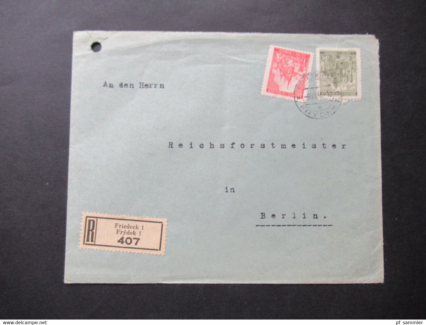 Böhmen Und Mähren 1942 Nr. 29 Und 72 Einschreiben Friedeck 1 / Frydek 1 An Den Reichsforstminister In Berlin - Storia Postale