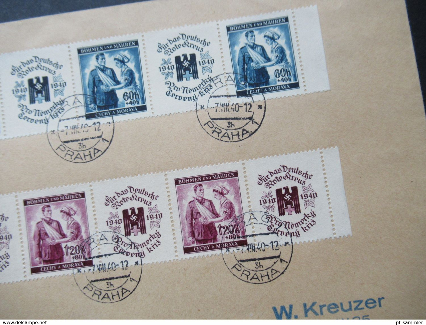 Böhmen Und Mähren 1940 Rotes Kreuz Zusammendrucke Nr. 53 Und 54 Als 4er Streifen Einschreiben Prag 1 Nach Berlin - Storia Postale