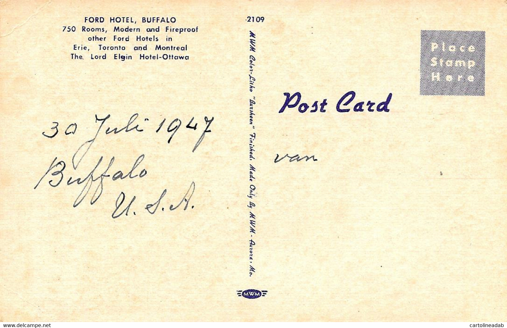 [DC12562] CPA - BUFFALO - FORD HOTEL - DELAWARE AVENUE - Non Viaggiata 1947 - Old Postcard - Buffalo