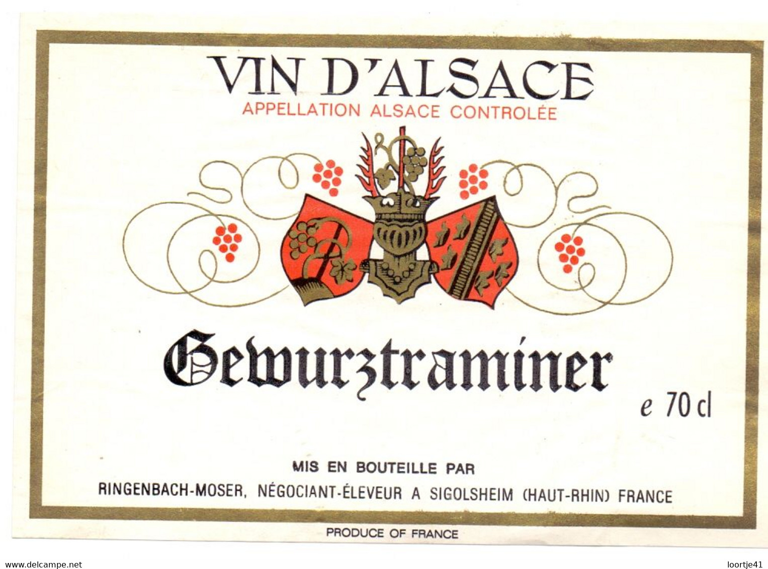 Etiket Etiquette - Vin Wijn - D'Alsace - Gewurztraminer - Ringenbach Moser - Sigolsheim - Gewurztraminer