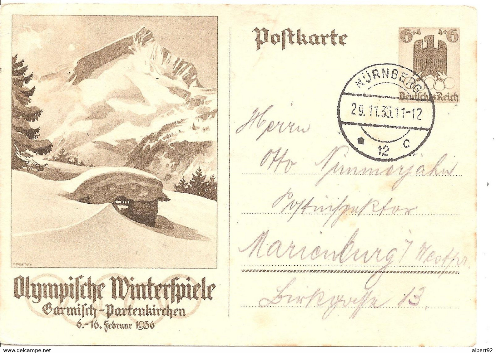 1936 Entier Postal Jeux Olympiques D'Hiver De Garmitch-Partenkirchen - Hiver 1936: Garmisch-Partenkirchen