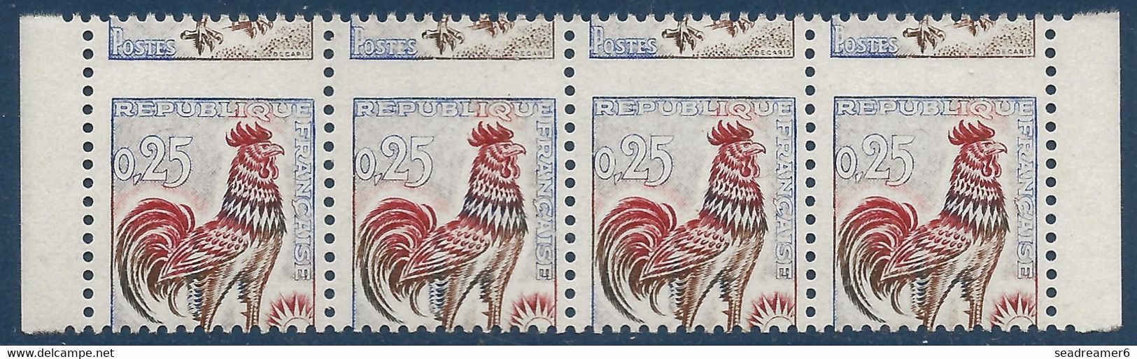 France 1962 Coq N°1331** Bande 4 De Carnets Non Confectionnés Avec Variétés De Piquage à Cheval - 1962-1965 Gallo De Decaris