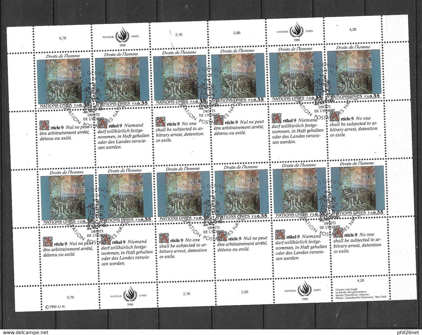 ONU Genève Feuillet Des N°196 à 201 X  4 Droits De L'Homme Cachets Premier Jour 16/11/1990 TB  Voir Scans  - Storia Postale