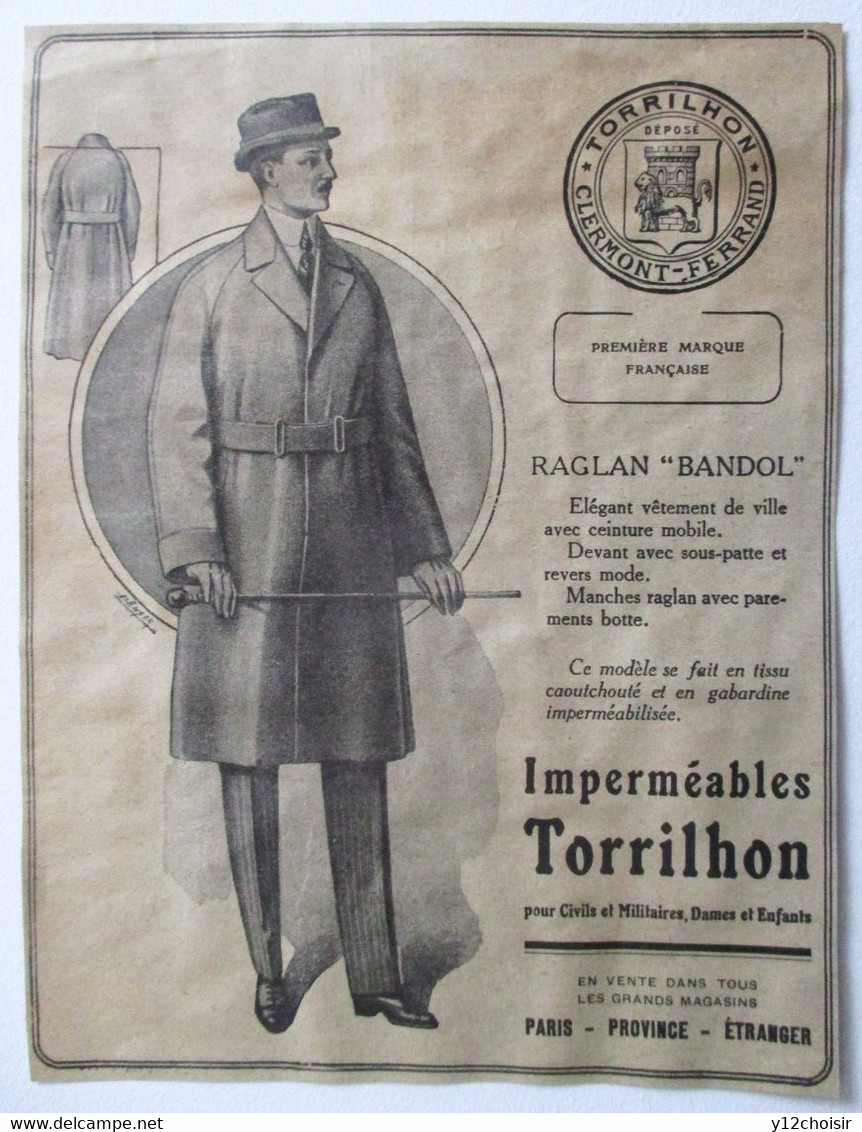 PUB 1921 IMPERMEABLES TORRILHON CIVILS ET MILITAIRES RAGLAN BANDOL CLERMONT FERRAND - 1900-1940