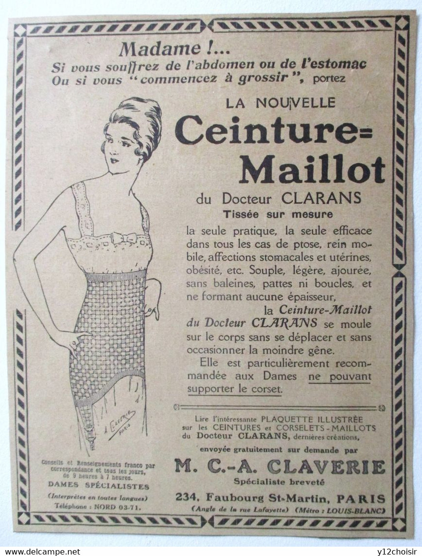 PUB 1921 LA NOUVELLE CEINTURE MAILLOT DU DOCTEUR CLARANS M. C.- A. CLAVERIE FBG SAINT MARTIN PARIS - Sonstige & Ohne Zuordnung