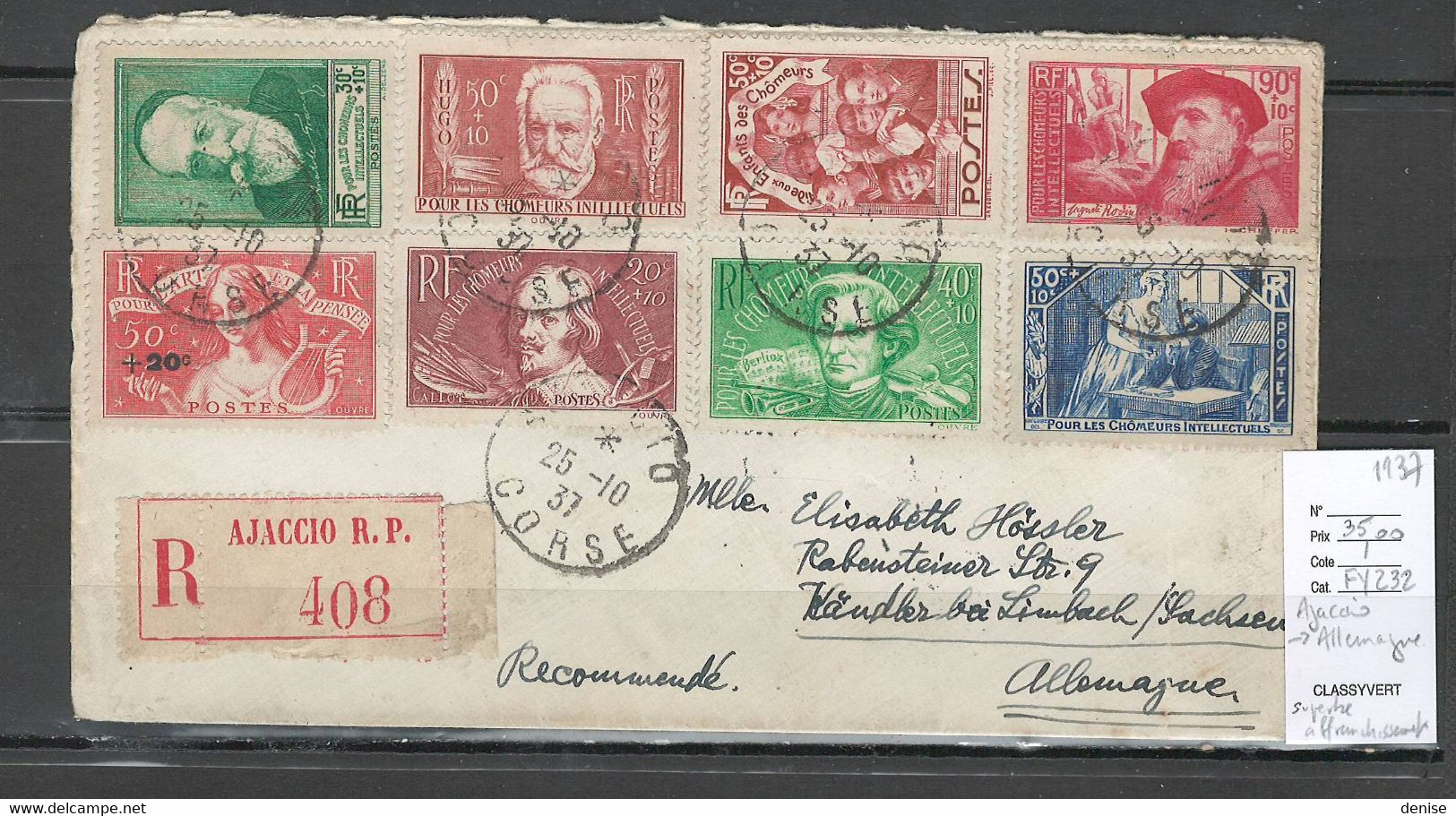 France -Lettre Recommandée De Ajaccio - Corse Pour Limbach - Allemagne - 1937 - Chomeurs Intellectuels - Storia Postale