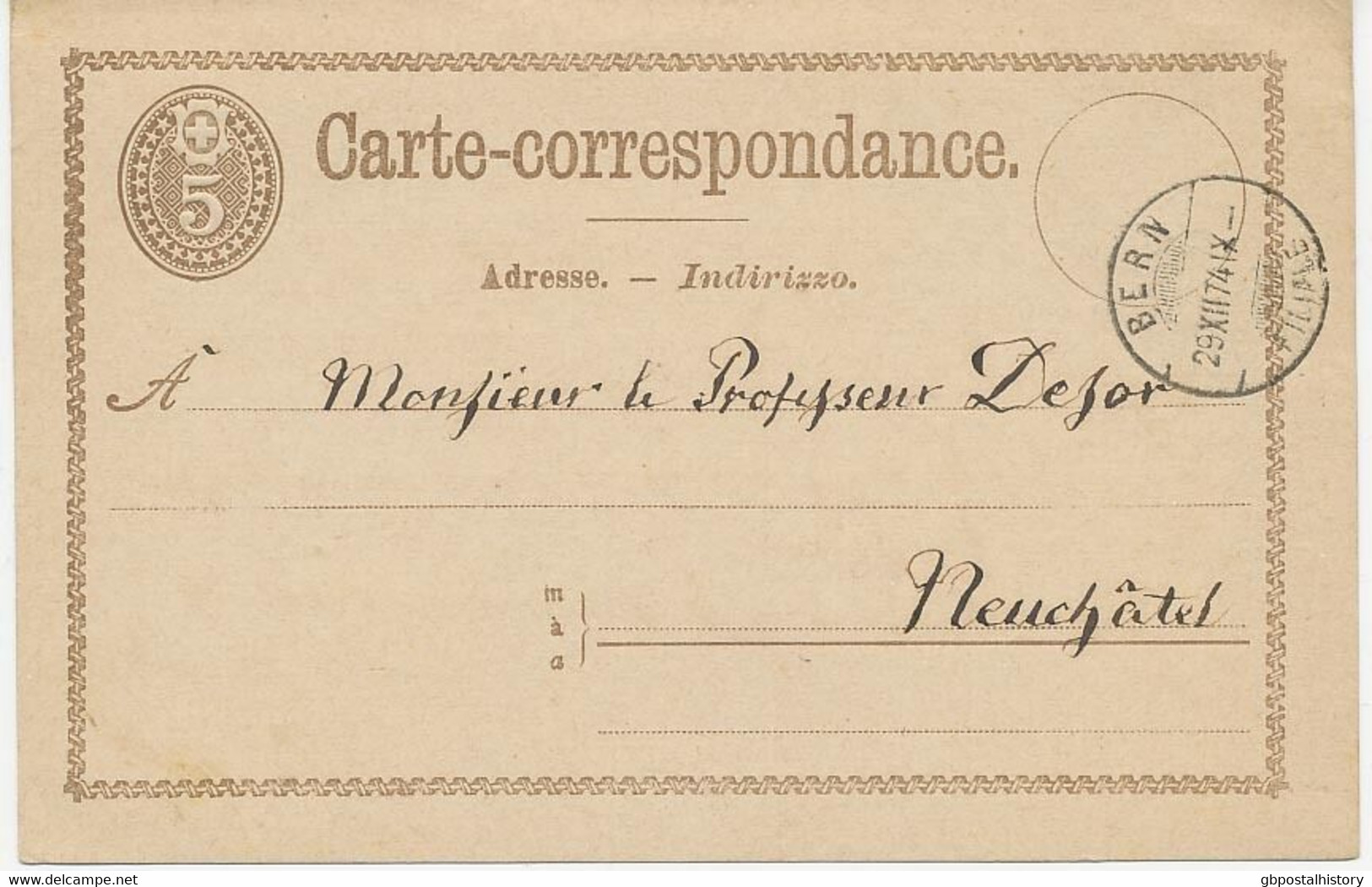 SCHWEIZ "BERN / FILIALE" K2 5 C Braun GA-Postkarte N. Neuchâtel, 1874 - ABART - Errores & Curiosidades