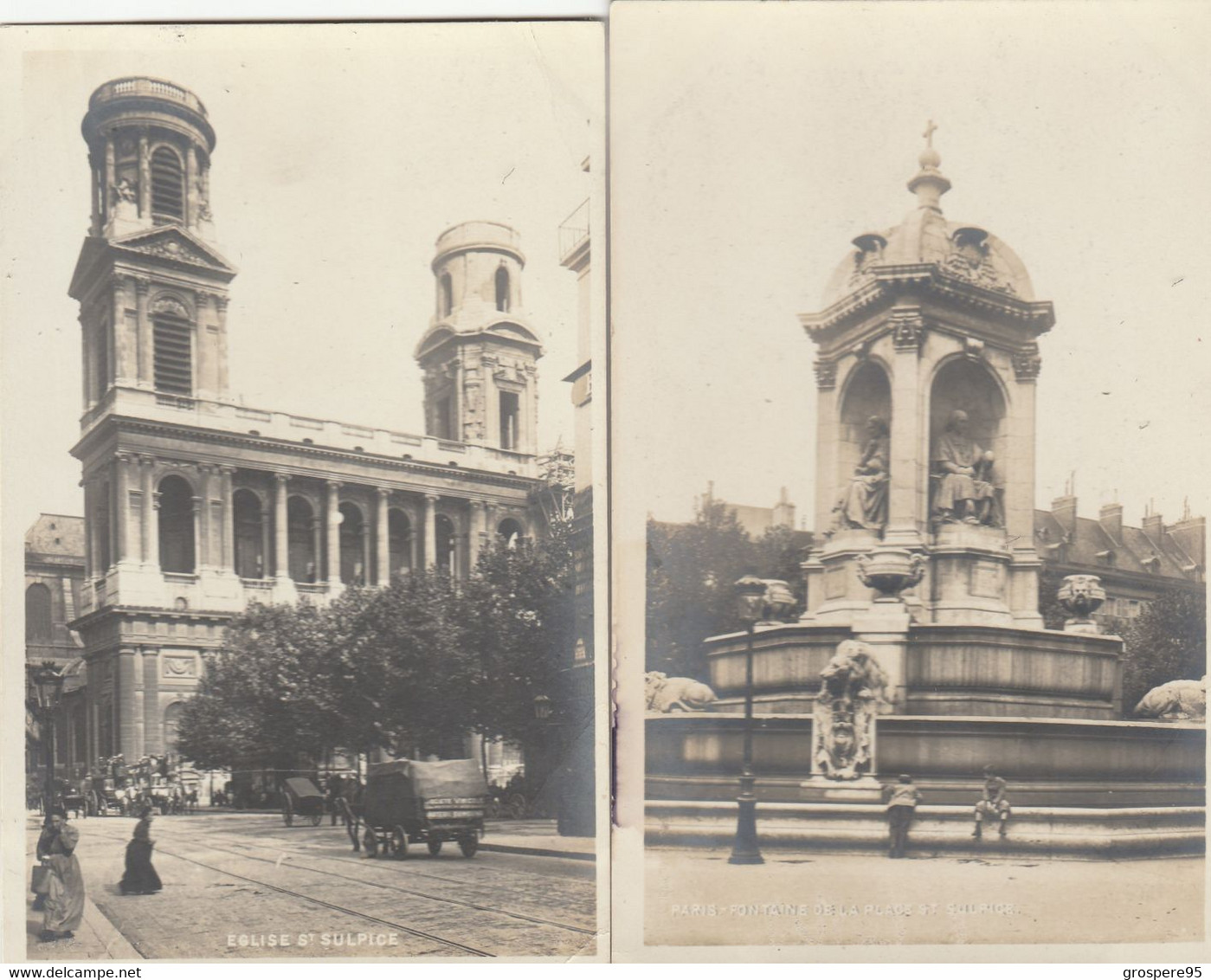 PARIS FONTAINE ET EGLISE SAINT SULPICE CARTES PHOTO RARES (attelage Societe Vinicole Auteuil) - Other Monuments