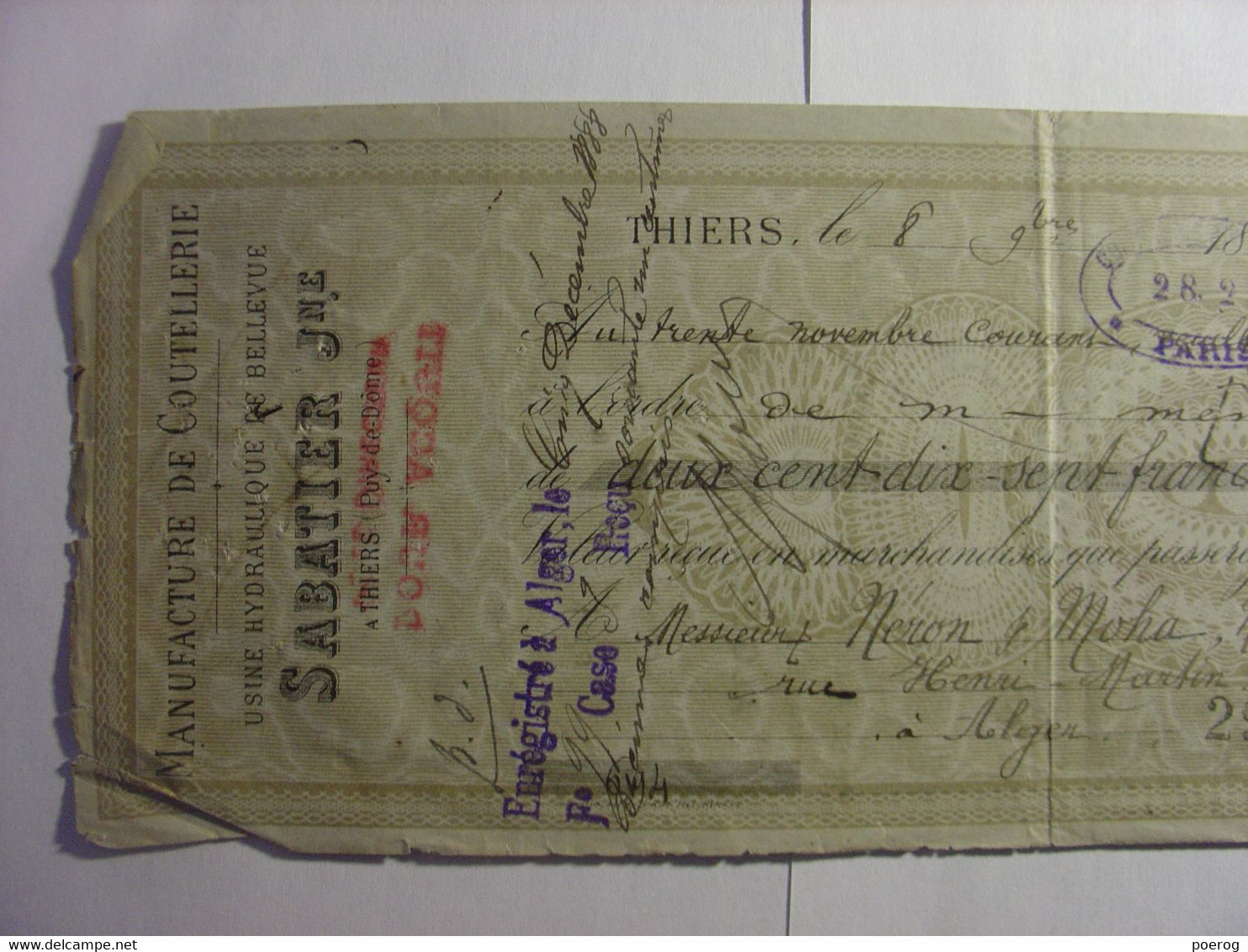 MANDAT LETTRE DE CHANGE CHEQUE De 1888 - COUTELLERIE SABATIER JEUNE THIERS - NEGOCIANTS NERON & MOHA à ALGER ALGERIE - Bills Of Exchange