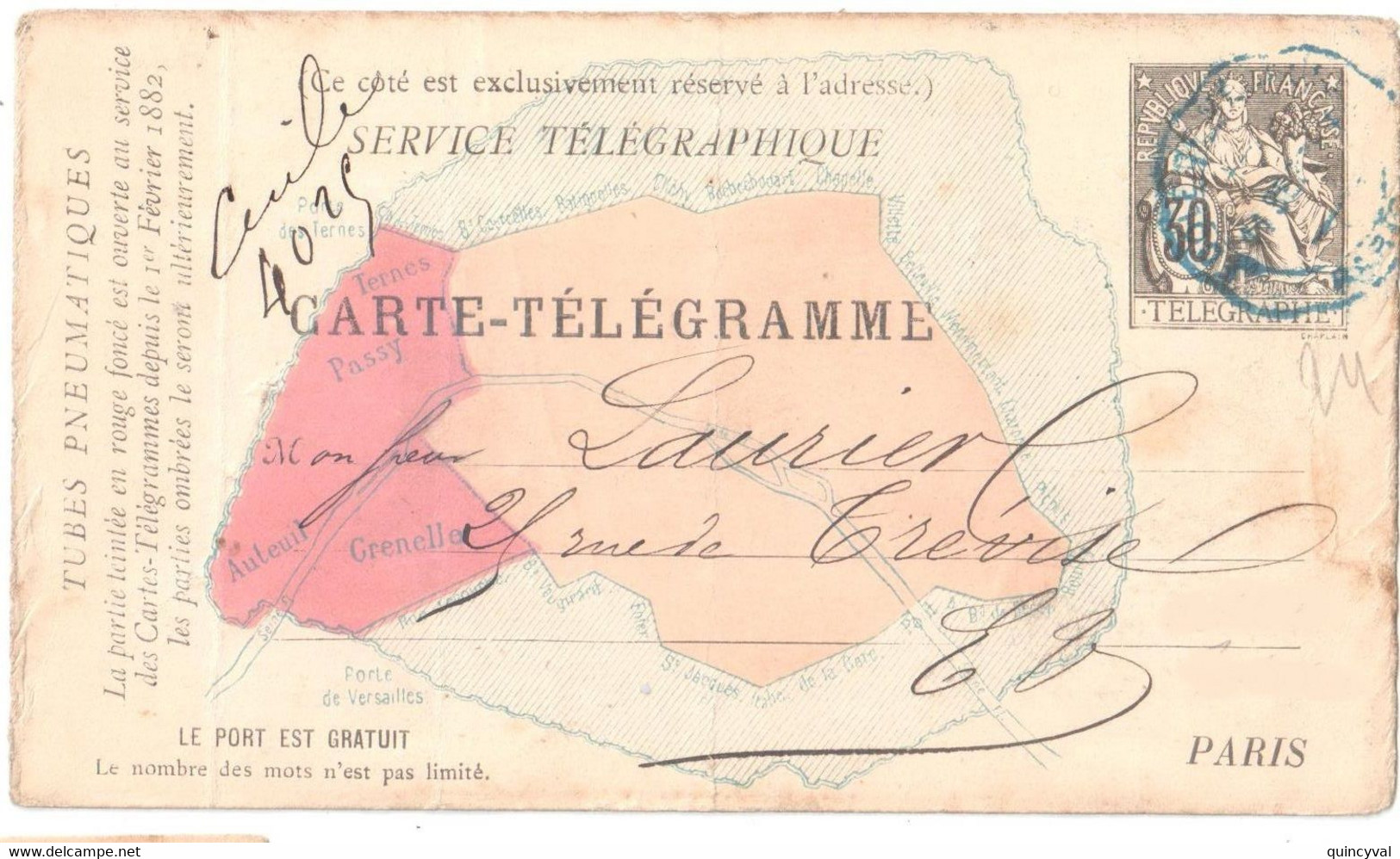 Paris 25 Carte Postale Pneumatique 30c Chaplain  Zone Teintée  L'Ouest Yv 2505 - Pneumatiques