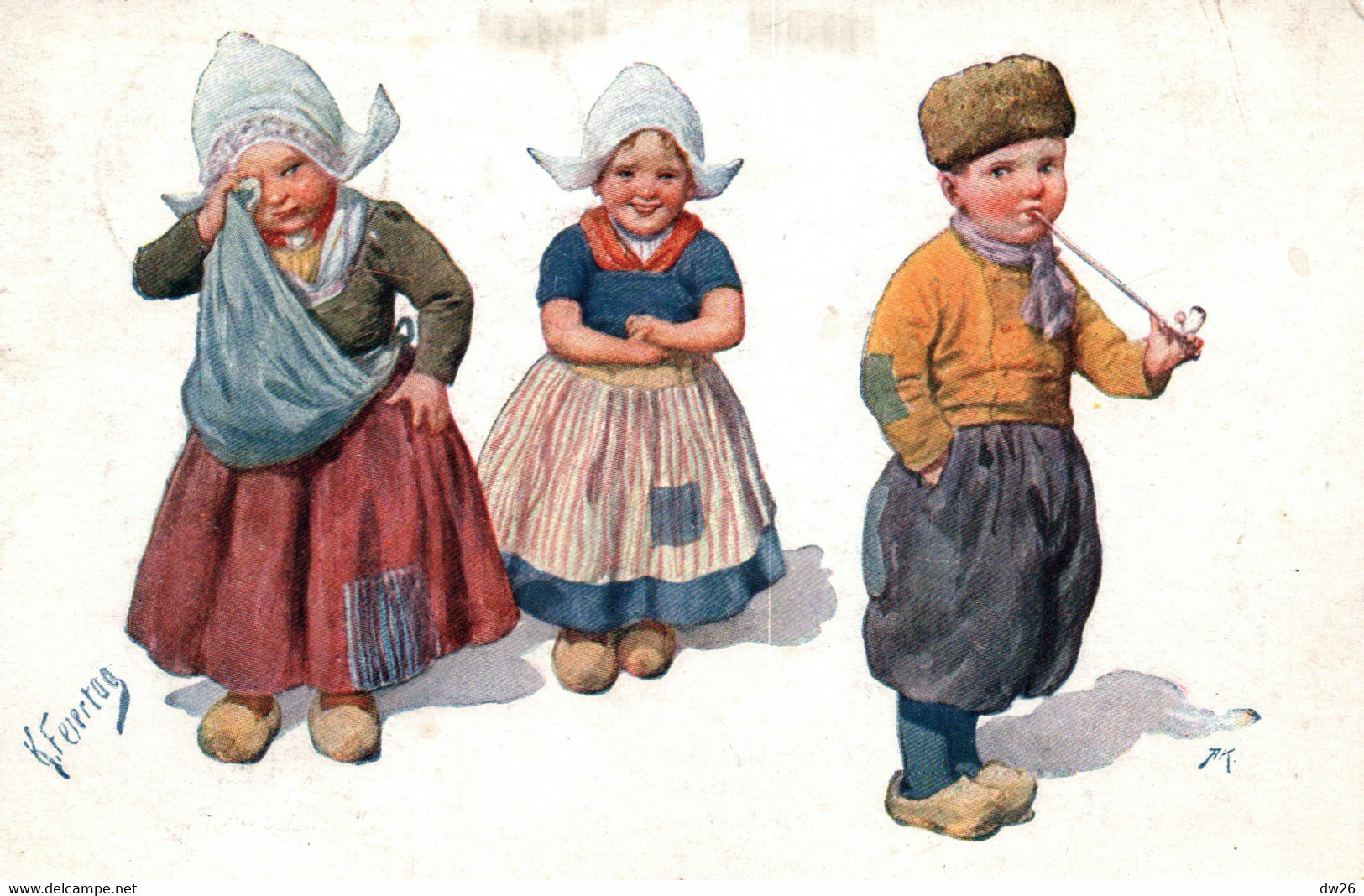 Illustration Karl Feiertag (Nederland, Pays-Bas) 3 Enfants: Pleurs Et Fumeur De Pipe - Carte B.K.W.I. Serie N° 887-1 - Feiertag, Karl