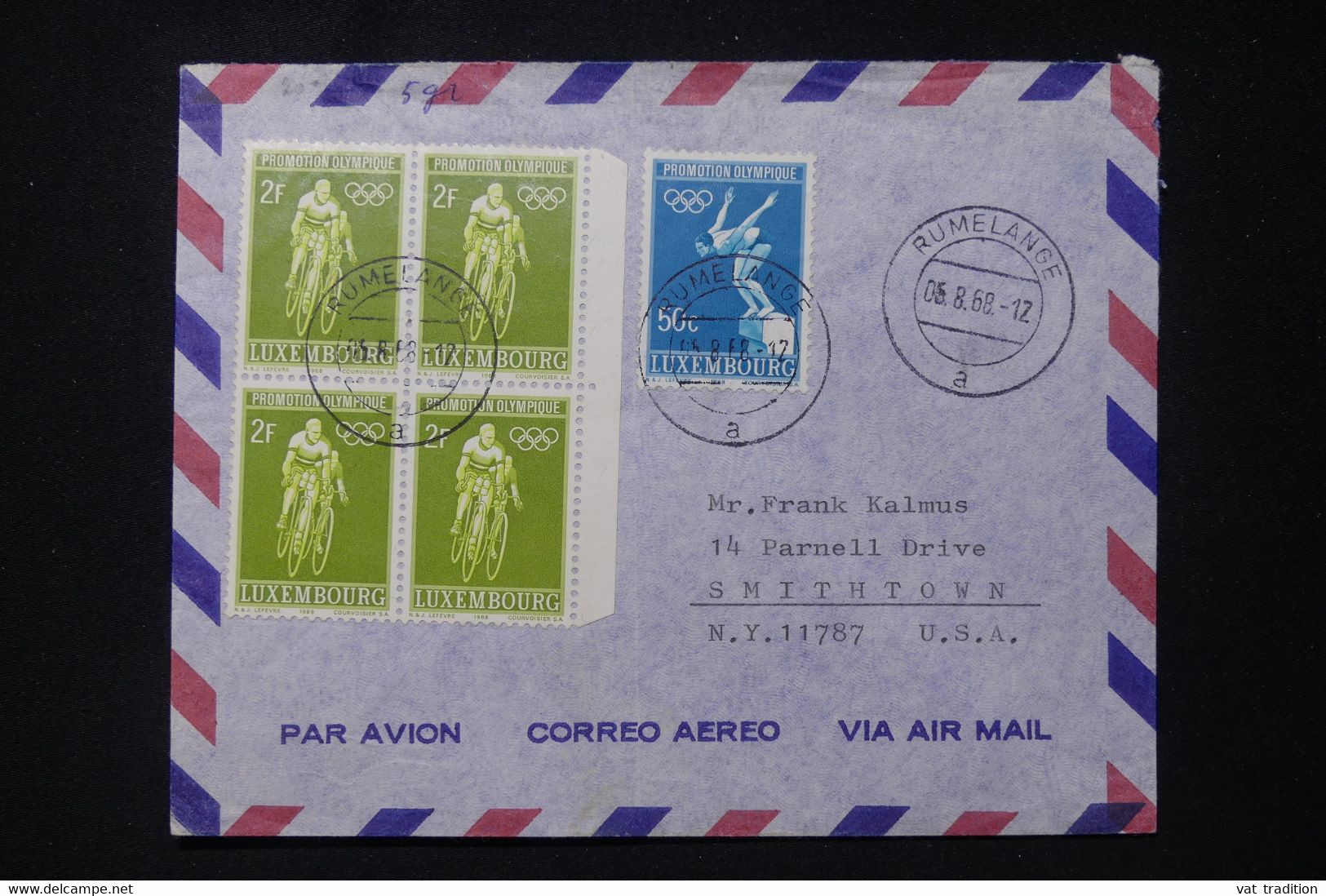 LUXEMBOURG - Enveloppe De Rumelange Pour Les Etats Unis En 1968, Affranchissement Jeux Olympiques - L 88100 - Covers & Documents