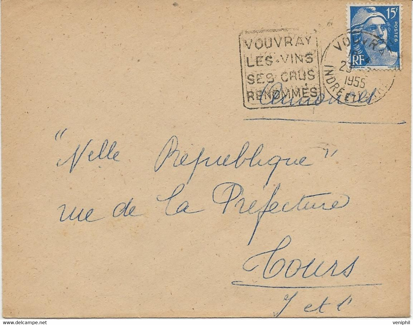 LETTRE OBLITERATION DAGUIN " VOUVRAY LES VINS -SES CRUS RENOMMES - ANNEE 1955 - Mechanical Postmarks (Other)