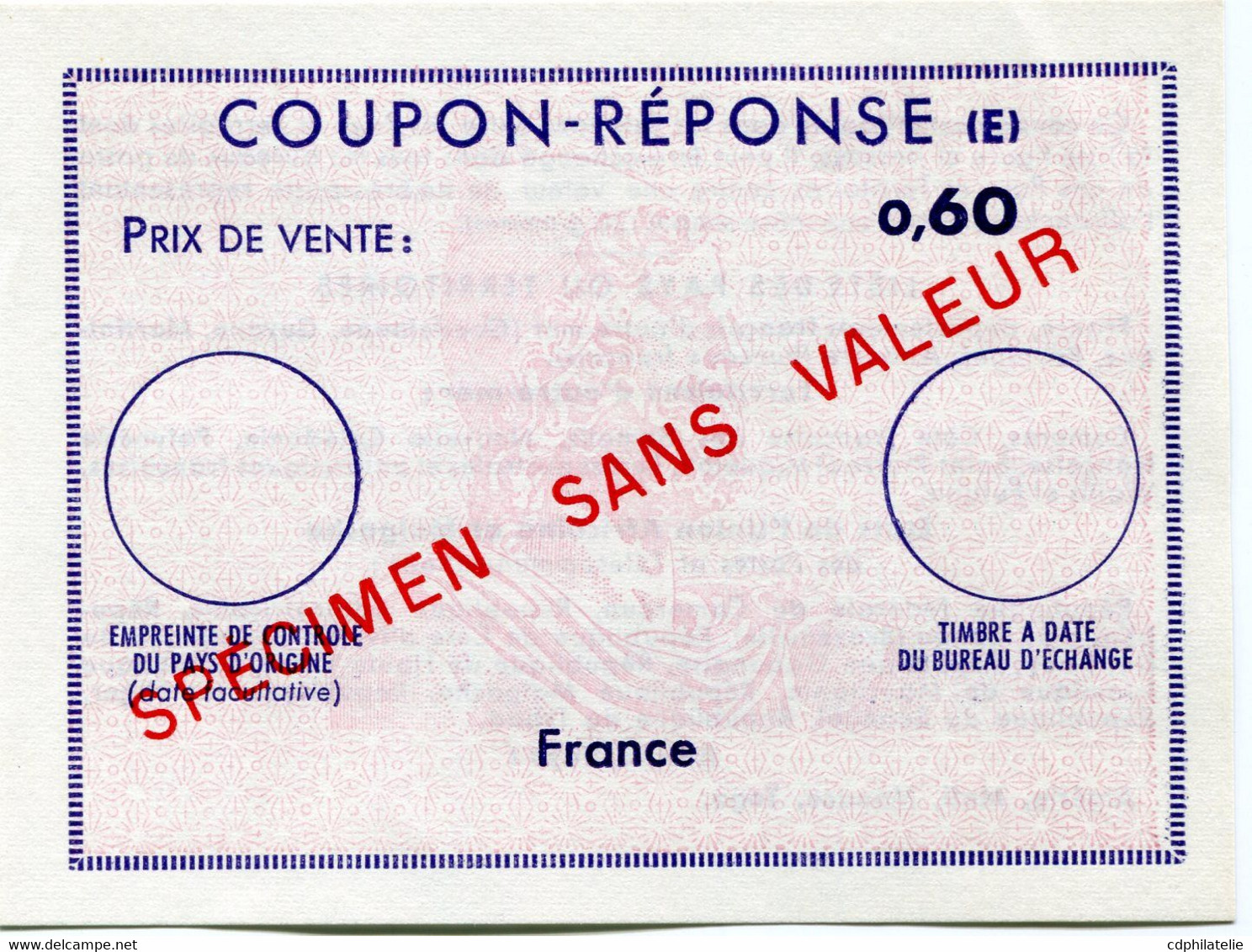 FRANCE COUPON - REPONSE (E)  0,60  SURCHARGE " SPECIMEN SANS VALEUR " - Coupons-réponse