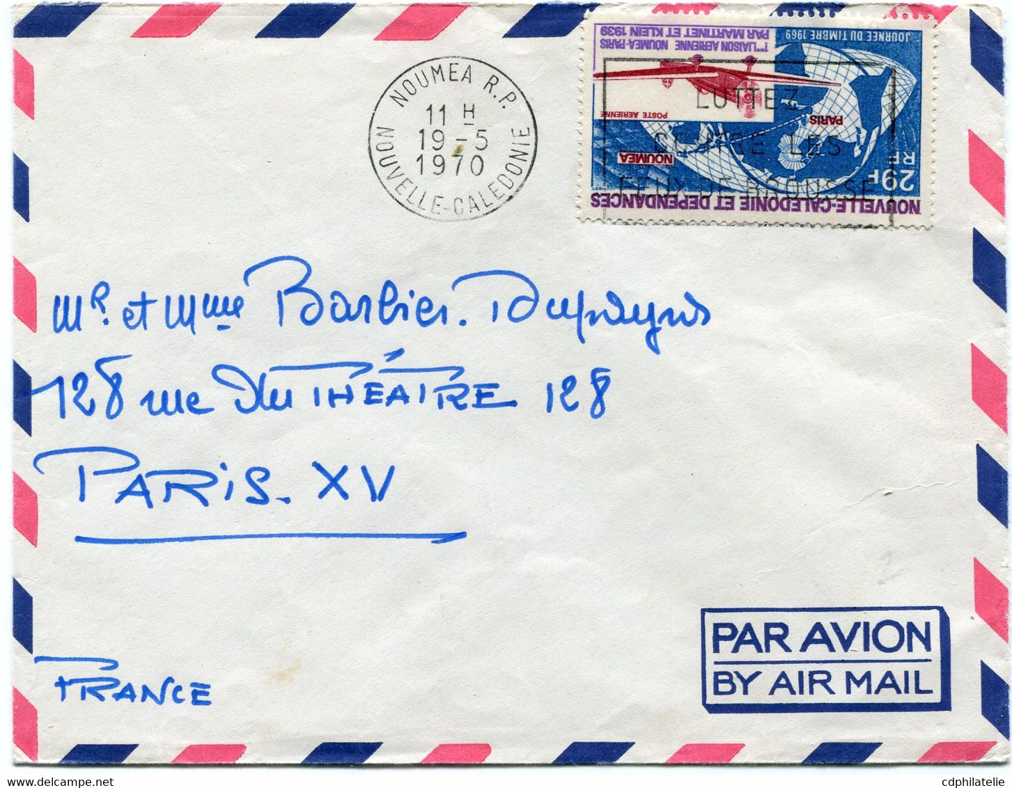 NOUVELLE-CALEDONIE LETTRE PAR AVION DEPART NOUMEA 19-5-1970 NOUVELLE - CALEDONIE POUR LA FRANCE - Lettres & Documents