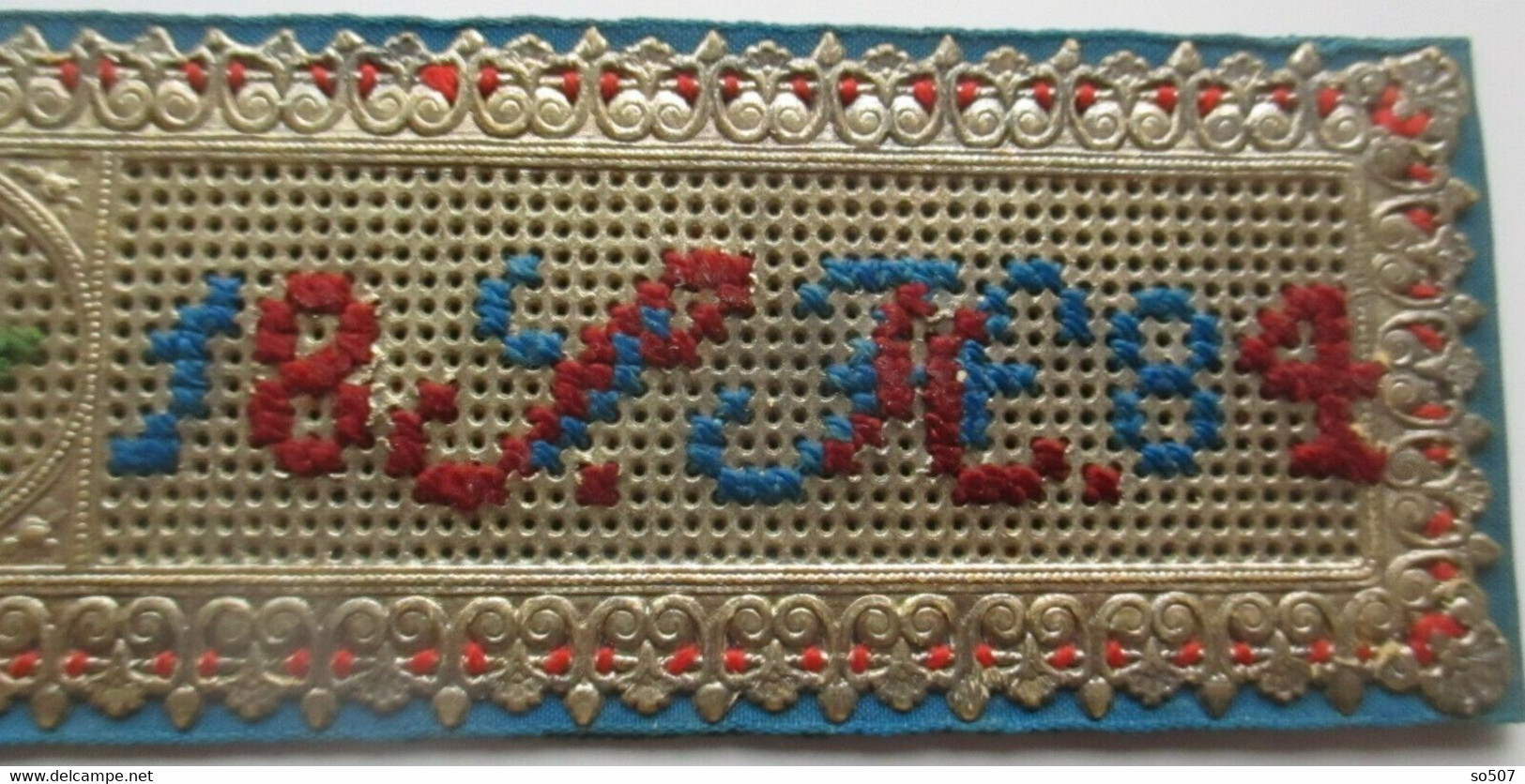 Old Unique Bookmark,Handmade,Needlework,Embroidery,Cross Stitch,Wool,Paper,Cloth or Fabric-Flower,Initial 1884.