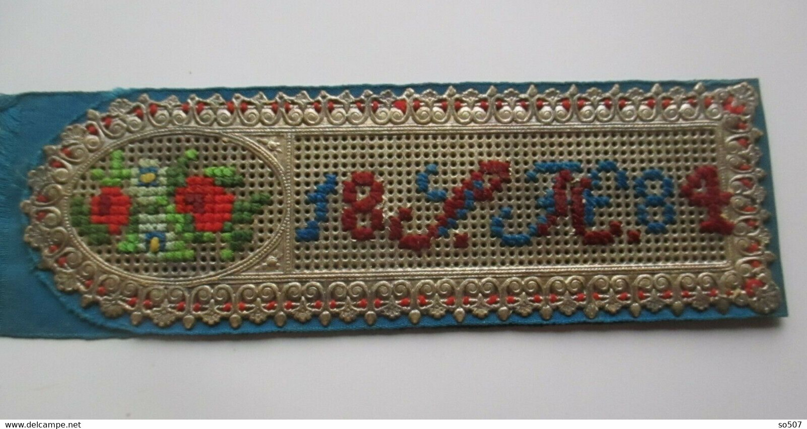 Old Unique Bookmark,Handmade,Needlework,Embroidery,Cross Stitch,Wool,Paper,Cloth or Fabric-Flower,Initial 1884.