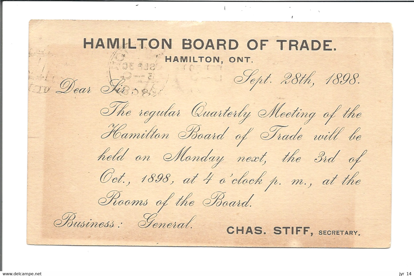 CANADA Post Card HAMILTON 1898 Flag  Chambre De Commerce De Hamilton Réunion 03/10/1898 - Cartas & Documentos