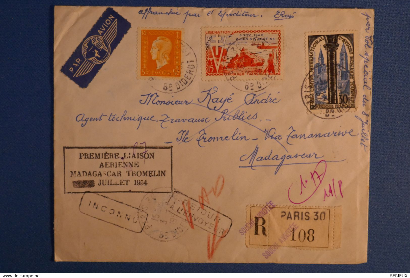 C FRANCE BELLE LETTRE RARE RECOM.1954 PREMIER VOL MADAGASCAR TROMELIN+ METEOROLOGIE+ AFFRANCHISSEMENT PLAISANT - Poste Aérienne