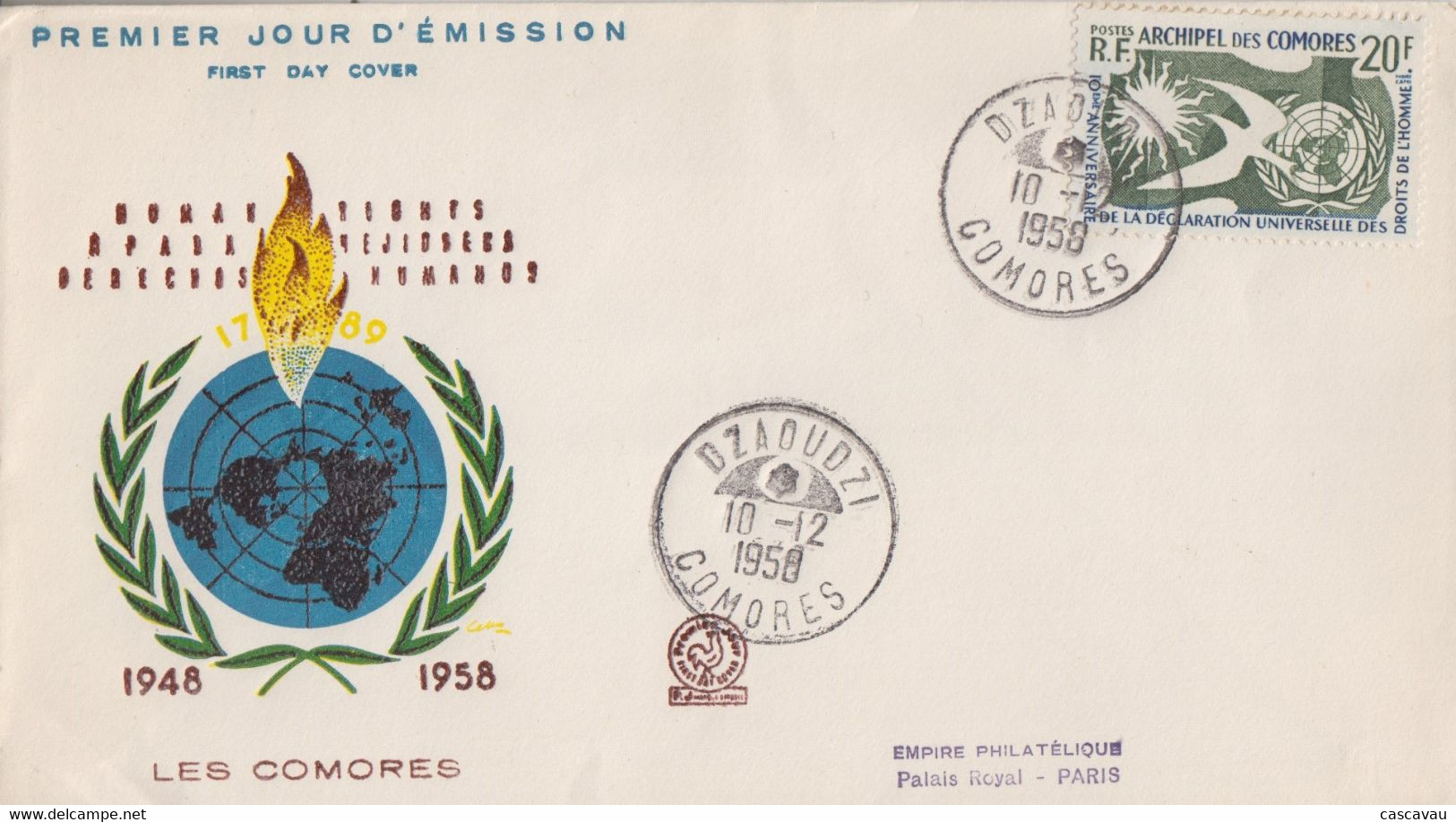Enveloppe  FDC  1er  Jour   ARCHIPEL  Des  COMORES   Déclaration  Des  DROITS  DE  L' HOMME   1958 - Otros & Sin Clasificación