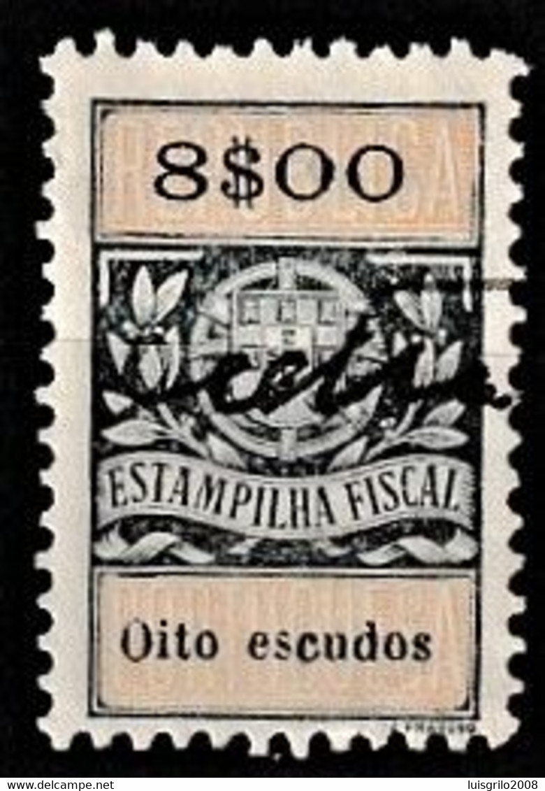 Fiscal/ Revenue, Portugal - Estampilha Fiscal -|- Série De 1929 - 8$00 - Gebruikt