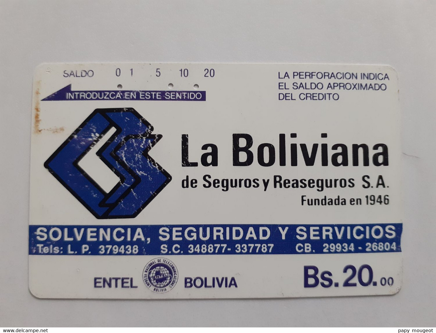 Télécarte Magnétique - Entel Bs. 20 - La Boliviana - Bolivie