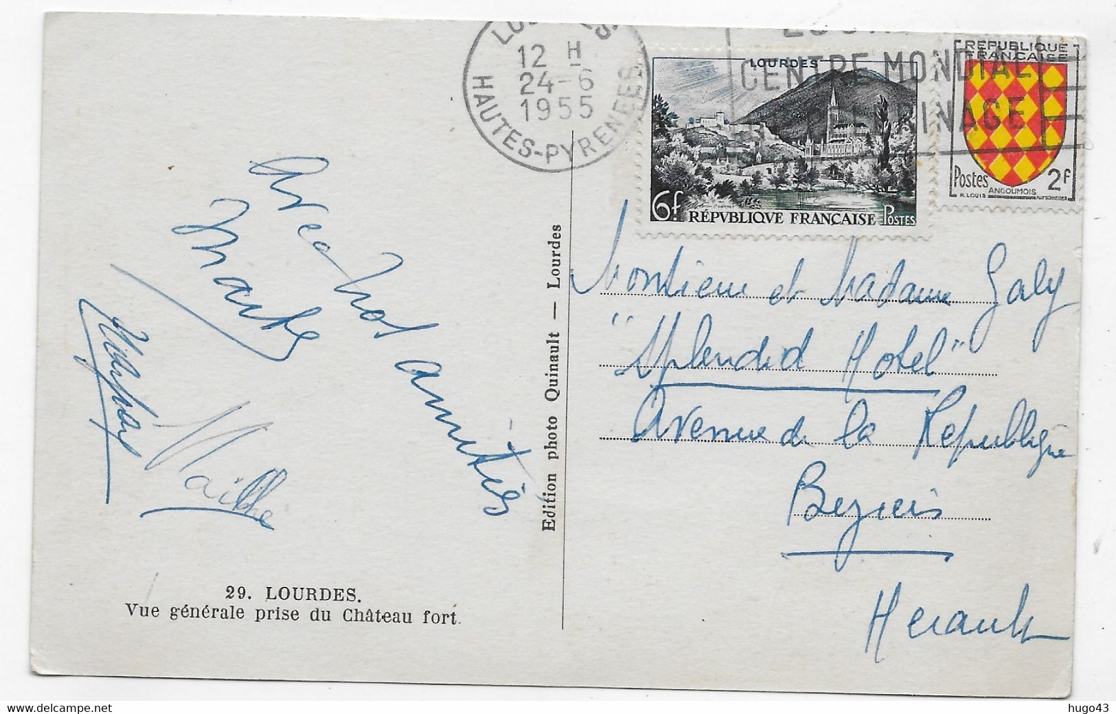 (RECTO / VERSO) LOURDES EN 1955 - N° 29 - VUE GENERALE PRISE DU CHATEAU FORT - BEAUX TIMBRES - FORMAT CPA - Lourdes