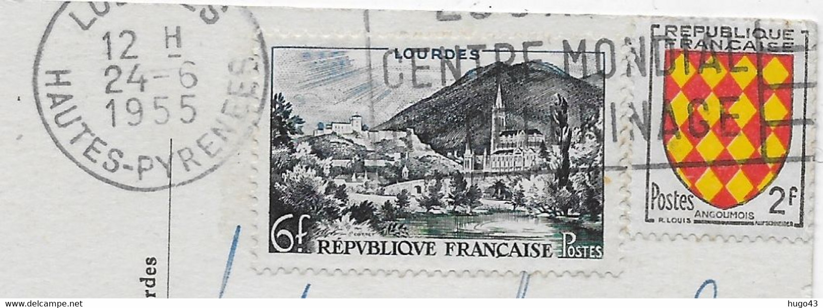 (RECTO / VERSO) LOURDES EN 1955 - N° 29 - VUE GENERALE PRISE DU CHATEAU FORT - BEAUX TIMBRES - FORMAT CPA - Lourdes