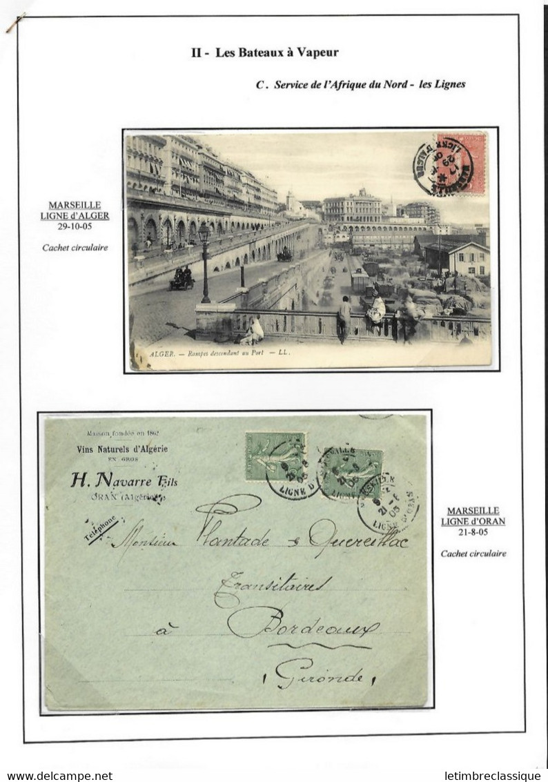 Cartes Postales Et Lettre Avec CAD "Marseille Ligne D'Alger", "Marseille Ligne D'Oran" Et Marseille Ligne De Tunis" - Posta Marittima